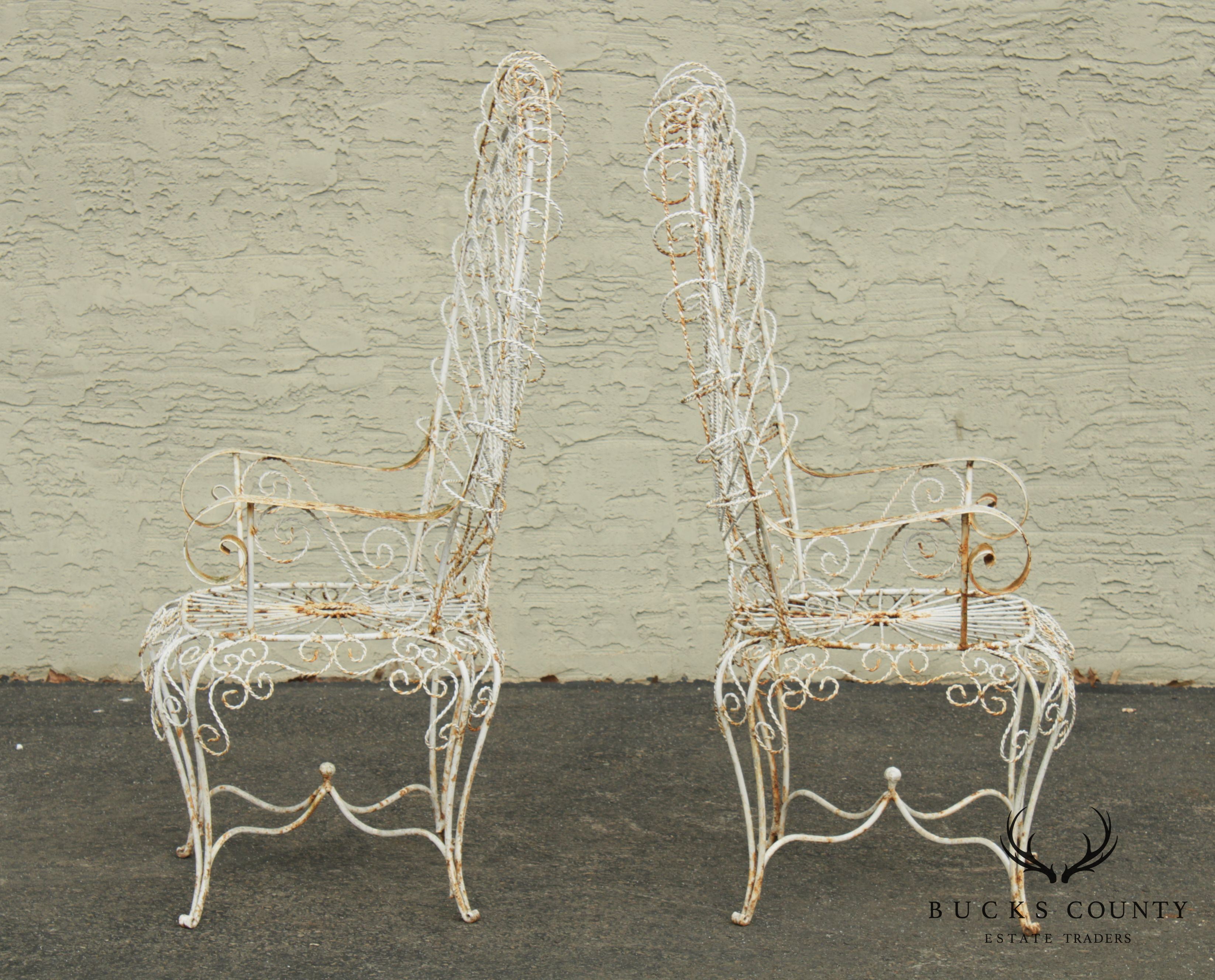 Vintage Pair Wrought Iron Peacock Garden Armchairs