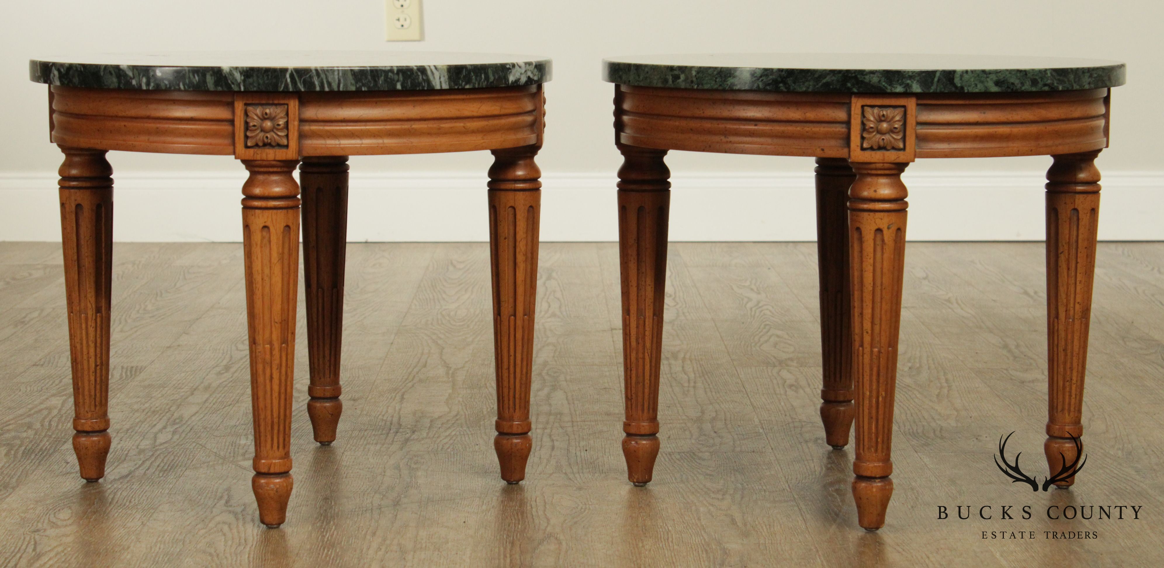 French Louis XVI Style Vintage Walnut Pair Round Marble Top Side Tables