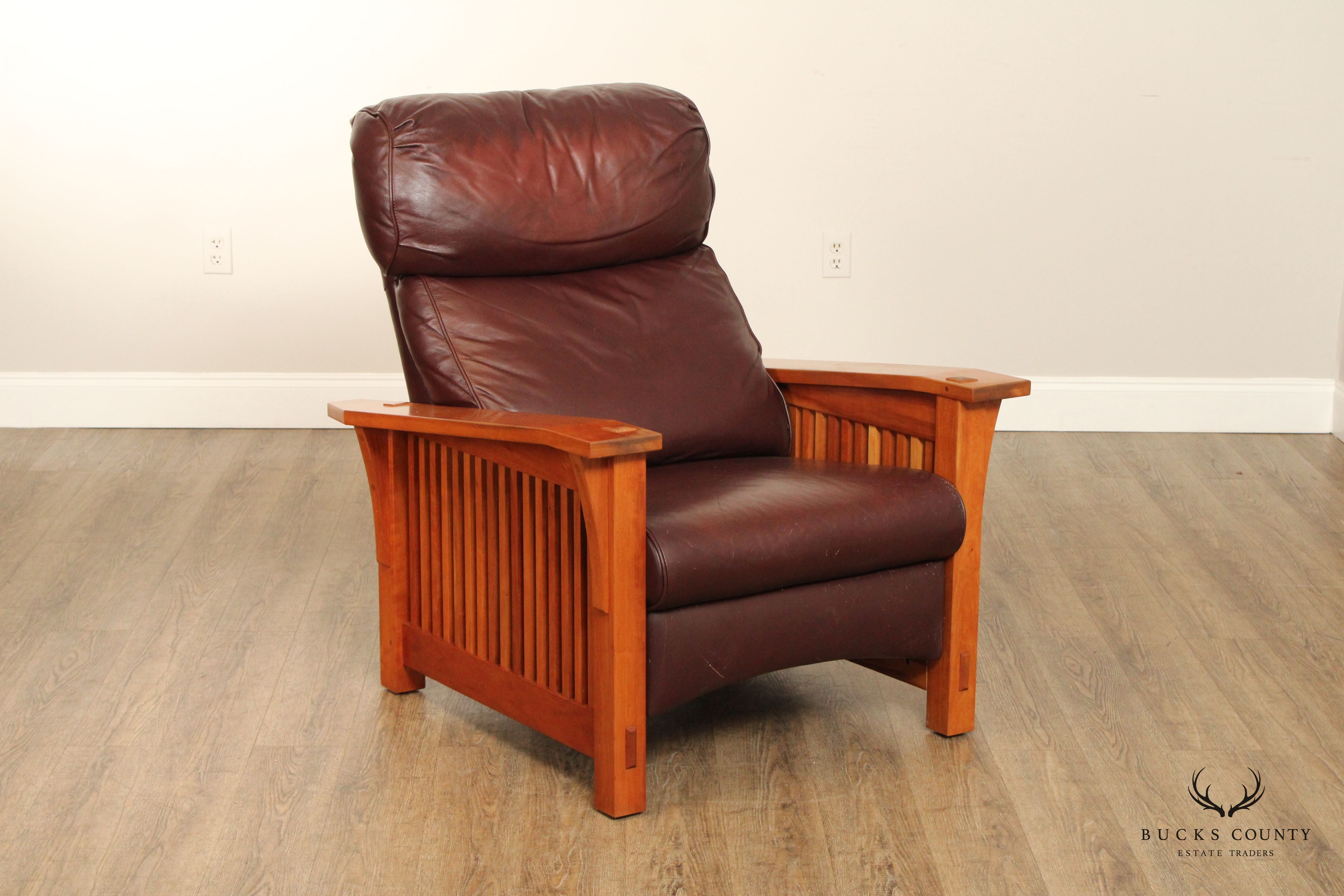 Stickley Mission Collection Pair Of Cherry And Leather Spindle Morris Recliners