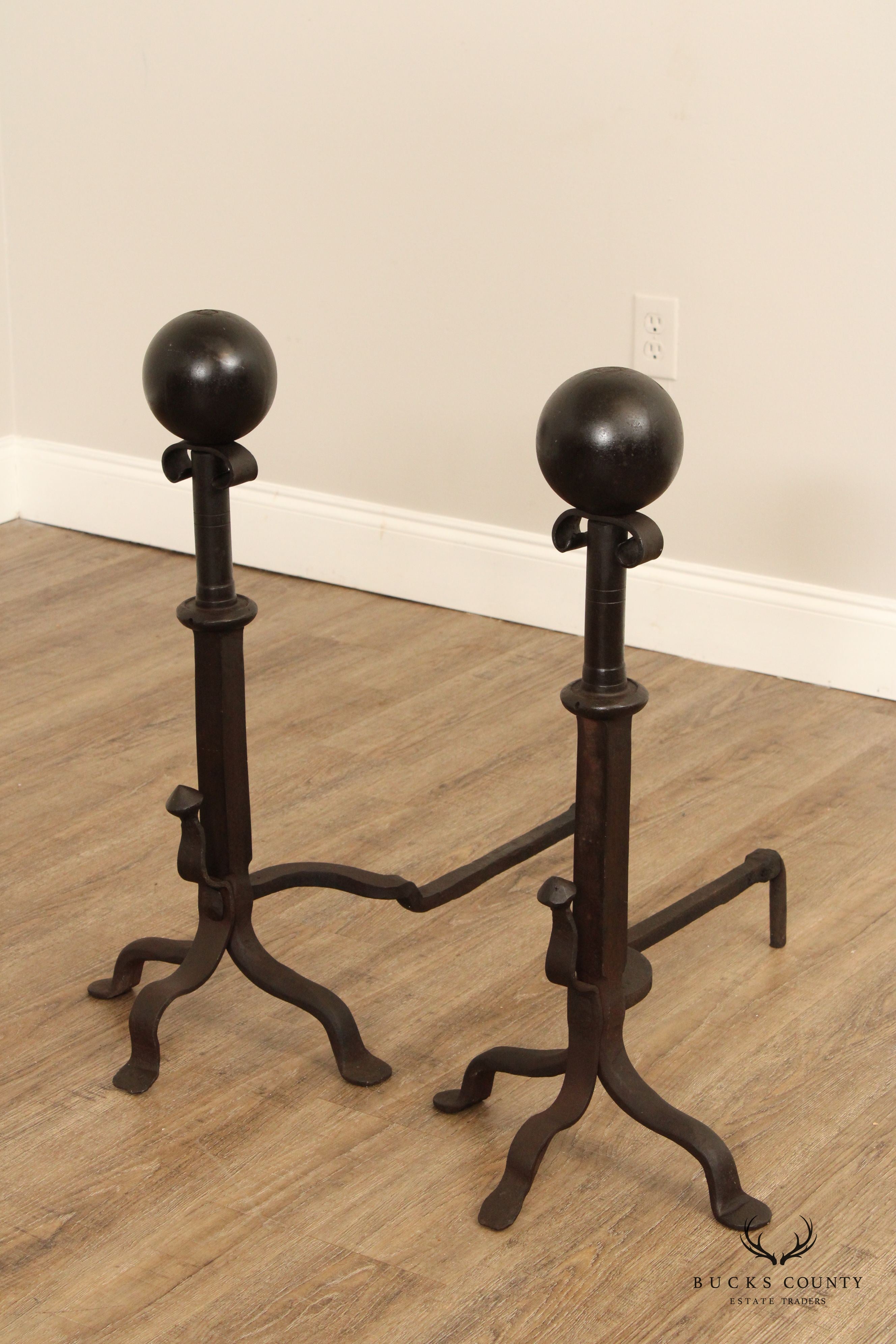 Arts & Crafts Pair of Heavy Iron Fireplace Andirons