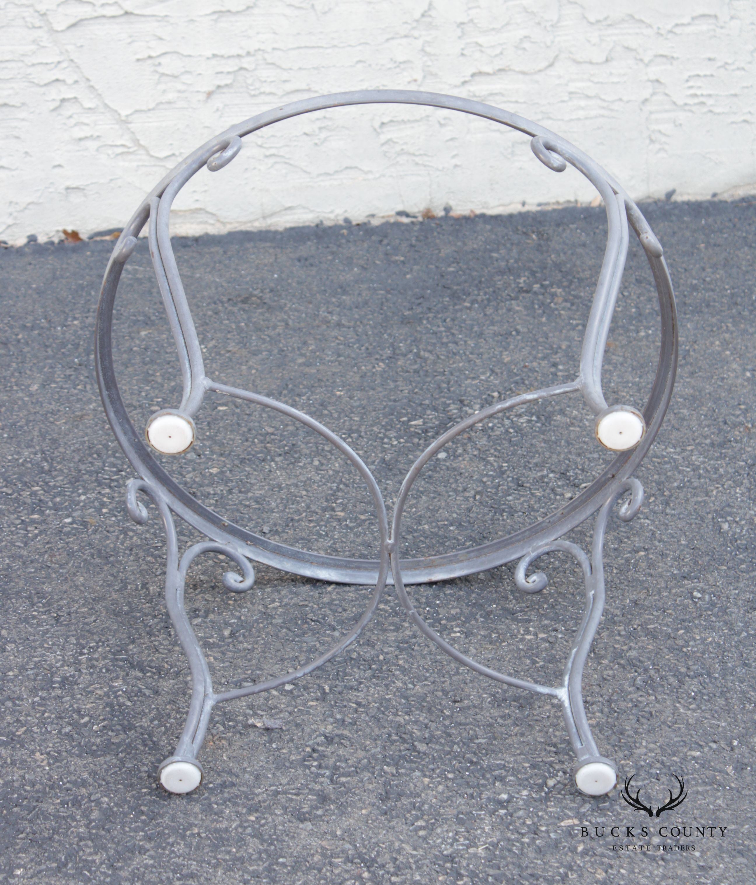 French Style Vintage Scrolled Wrought Iron Round Glass Top Outdoor Cocktail Table