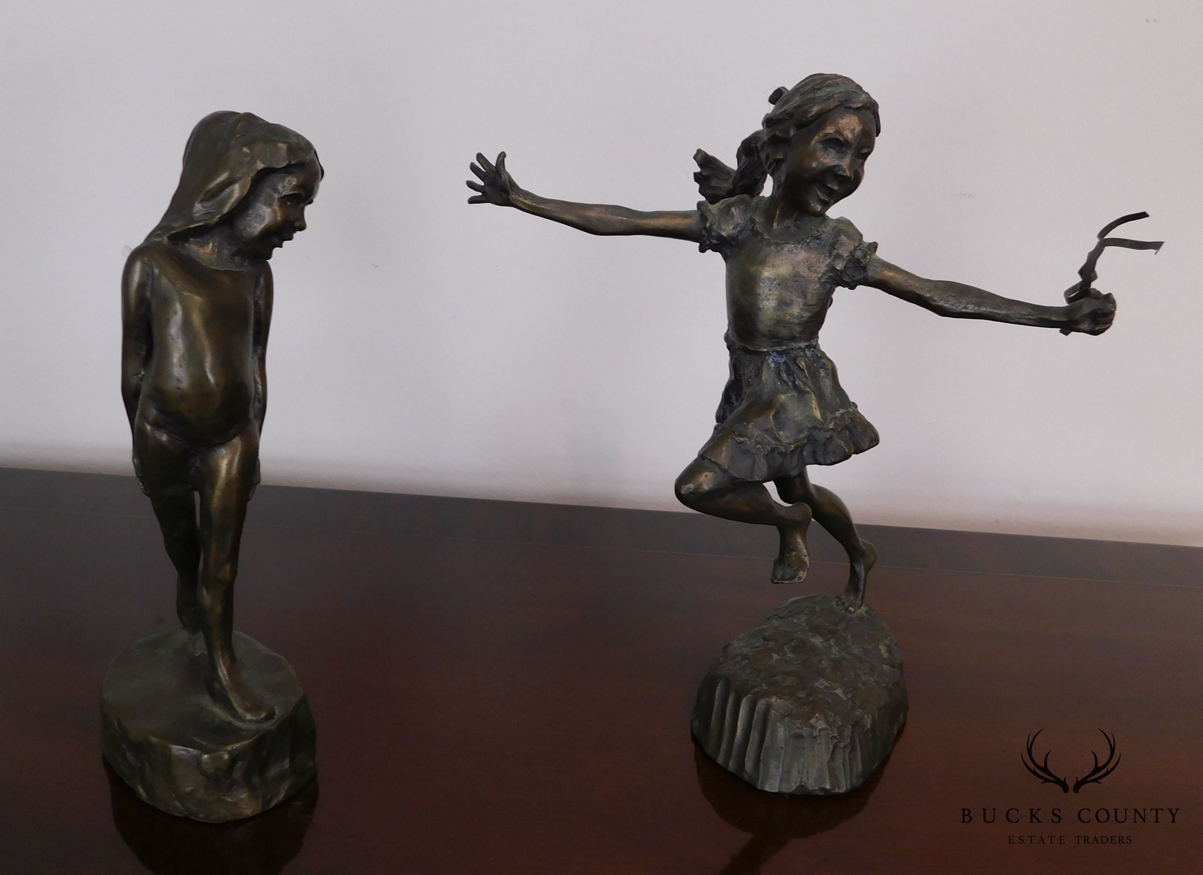 Mark Hopekins Signed "Kids Play" Pair Patinated Bronze Figurines