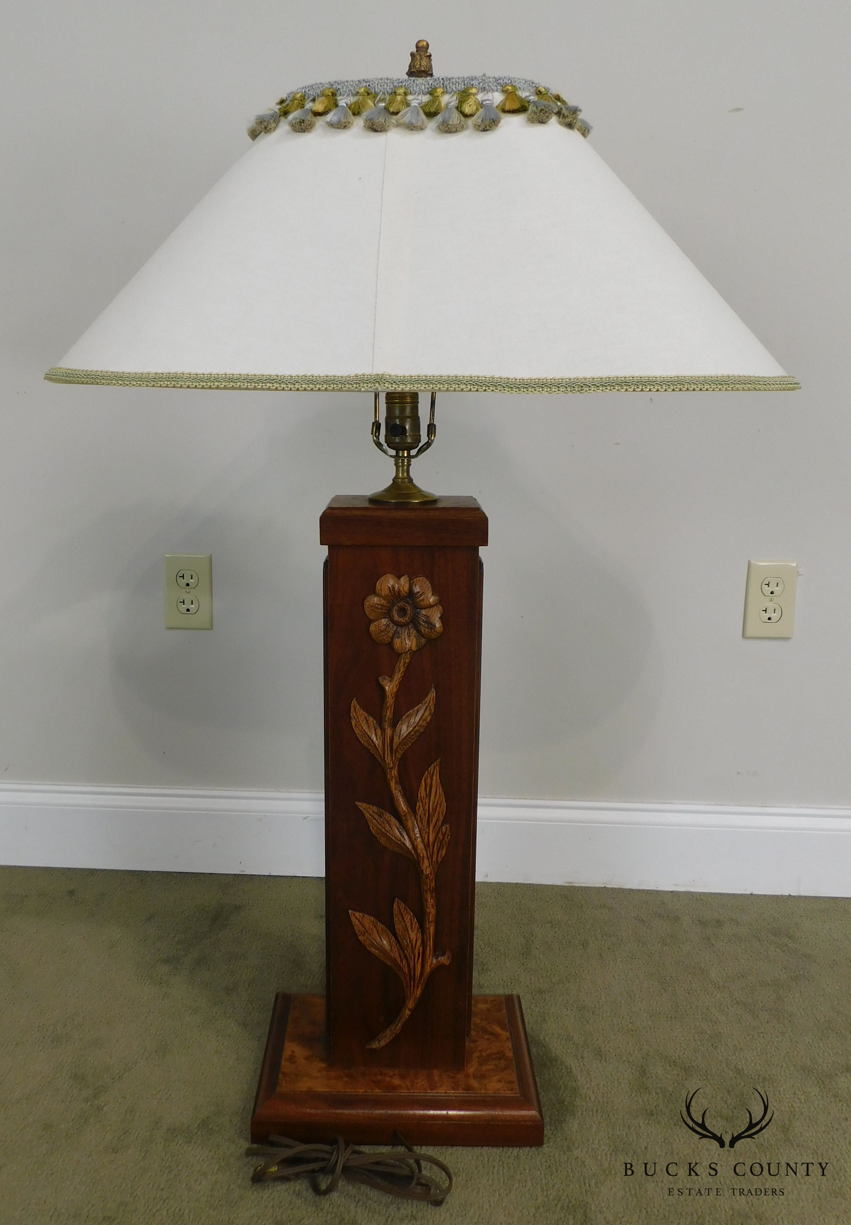 Vintage Hand Carved Rose Flower Mixed Wood Lamp