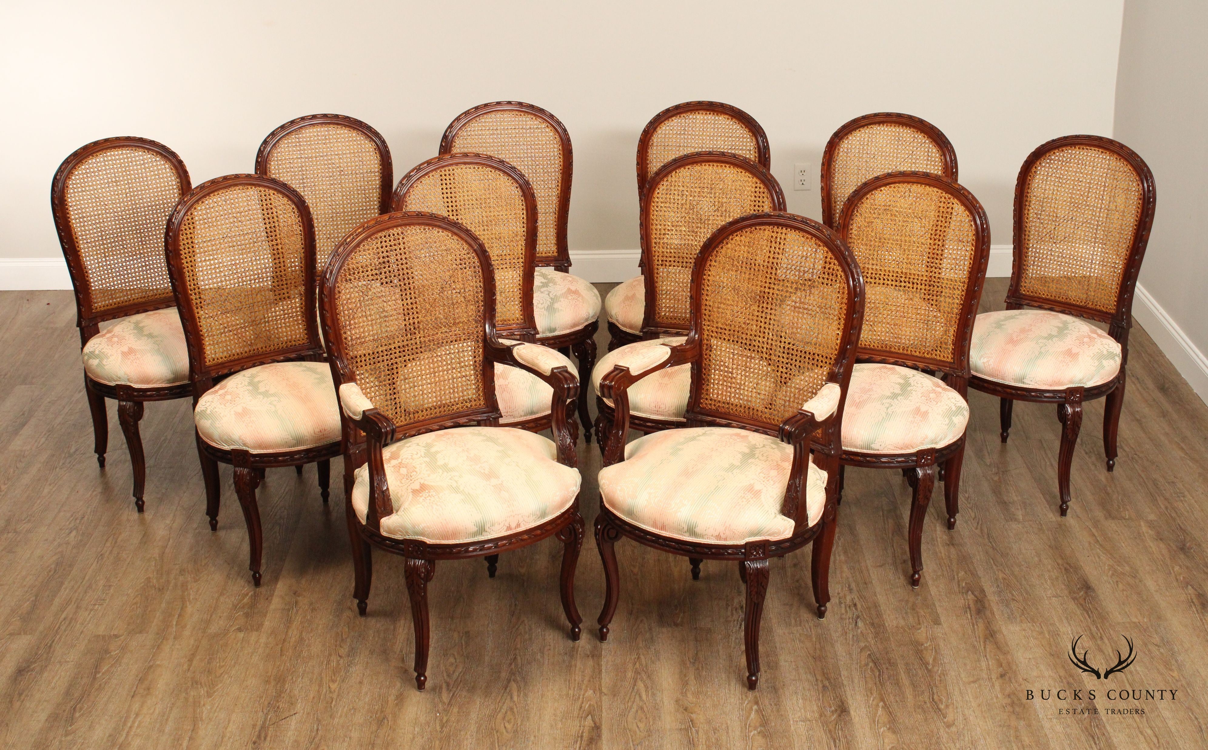 French Louis XV Style Quality Set Of 12 Cane Back Dining Chairs