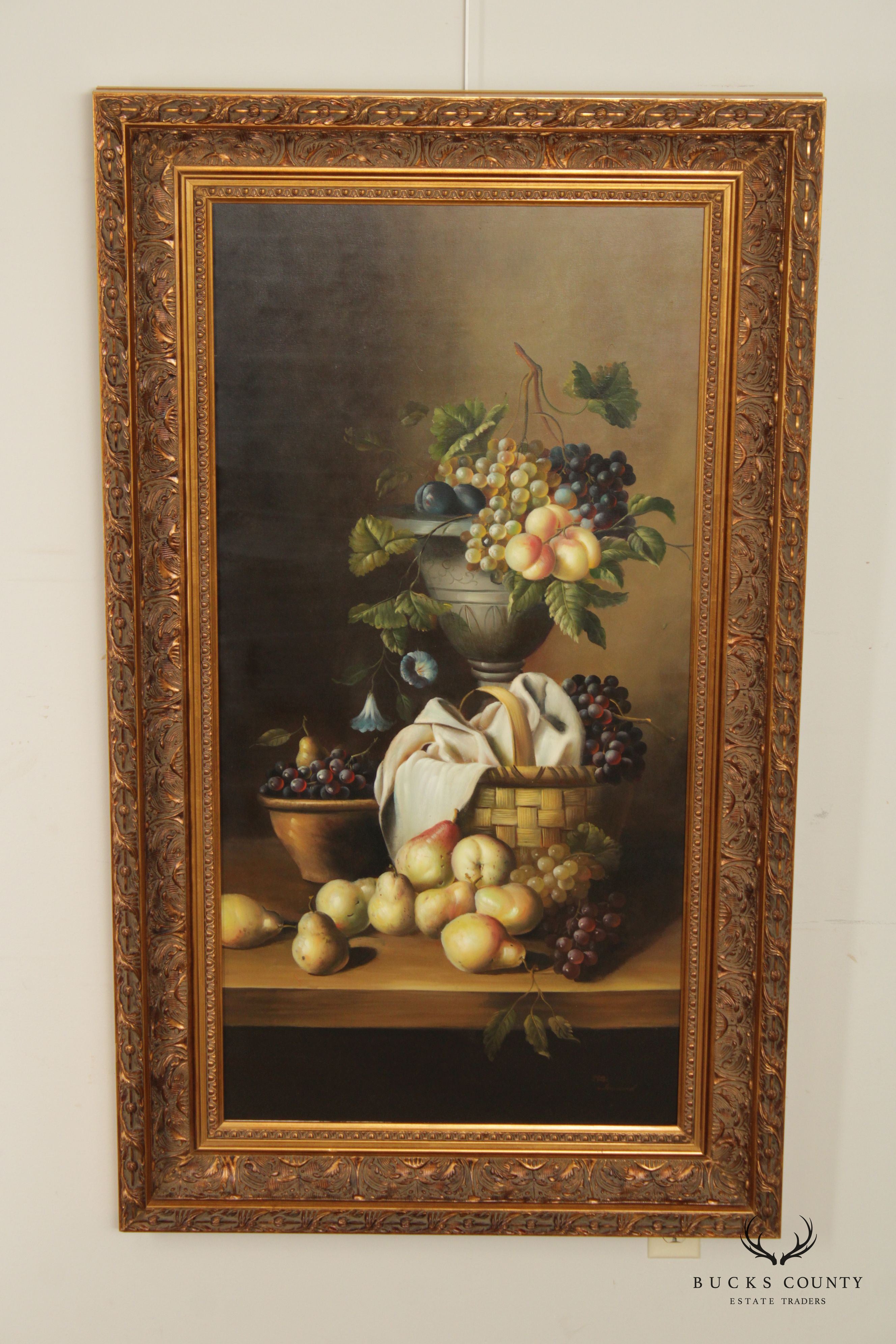 Vintage 20th C. Fruit Still Life Large Oil Painting, Custom Framed