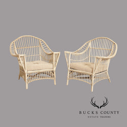 Vintage Coastal White Painted Split Reed Wicker Rattan Pair Patio Lounge Chairs