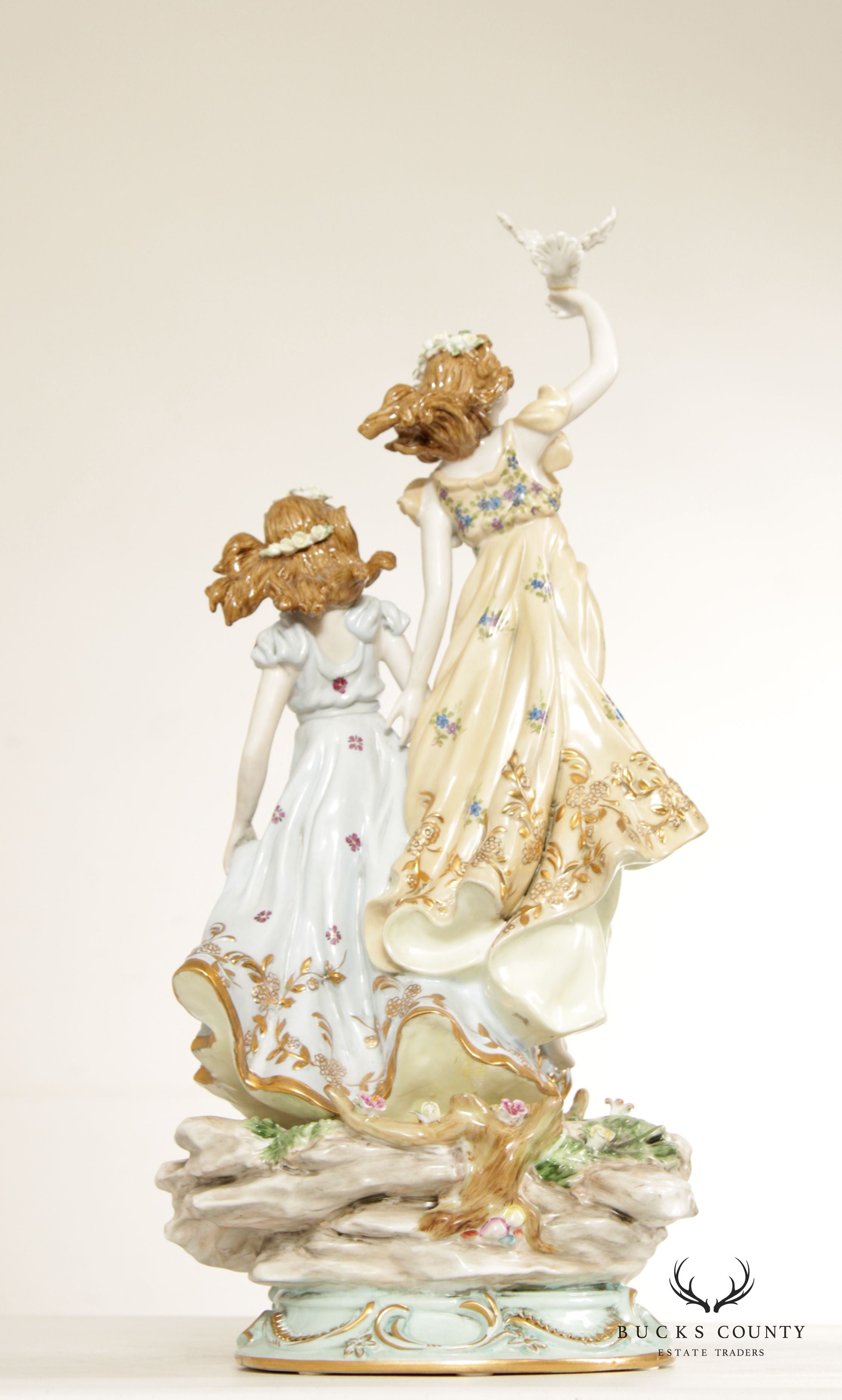 Rococo Style Ladies with Dove Porcelain Figurines