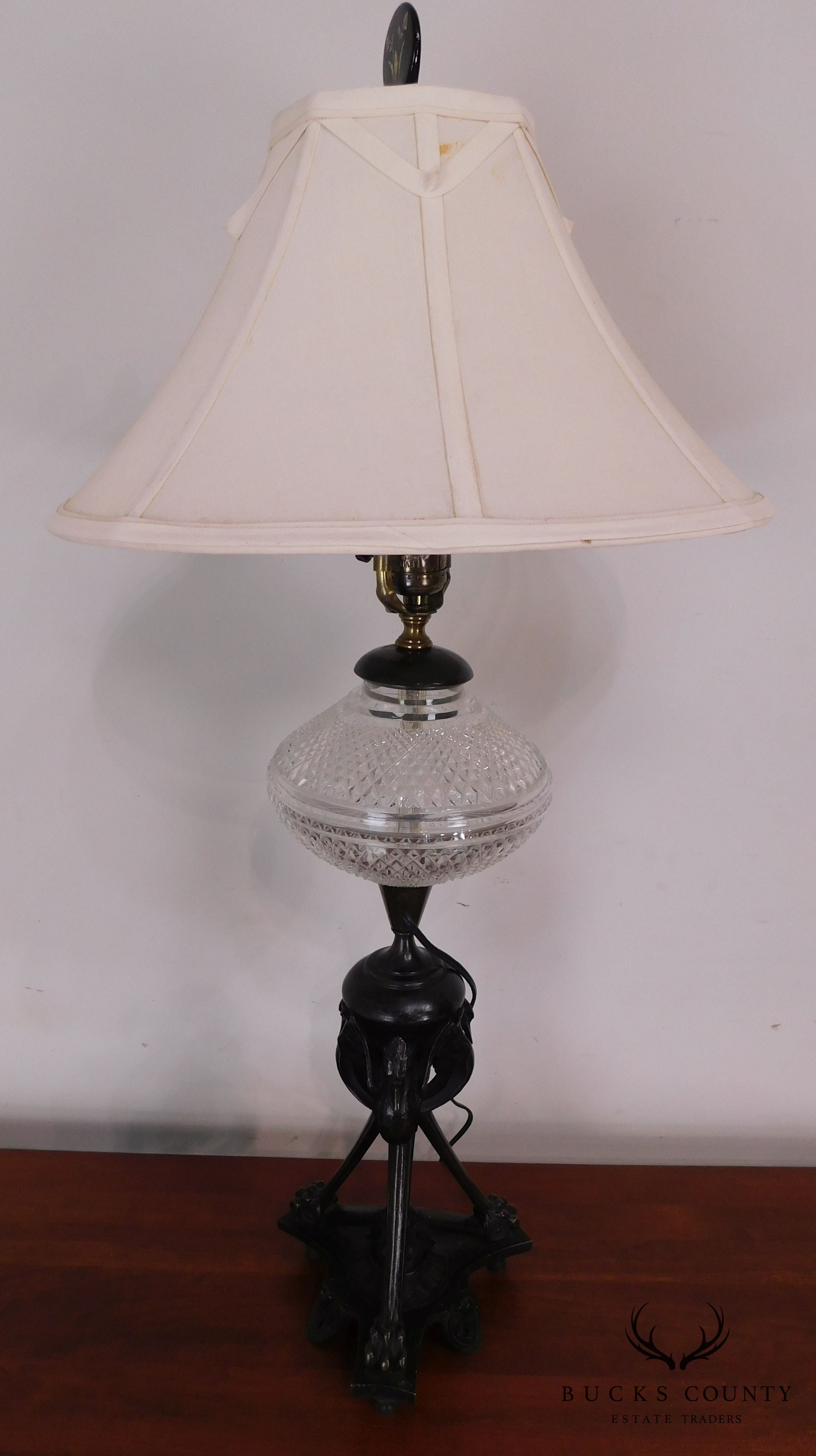 Aesthetic Movement Stork/Crane Figural Black Painted Bronze Table Lamp with Shade