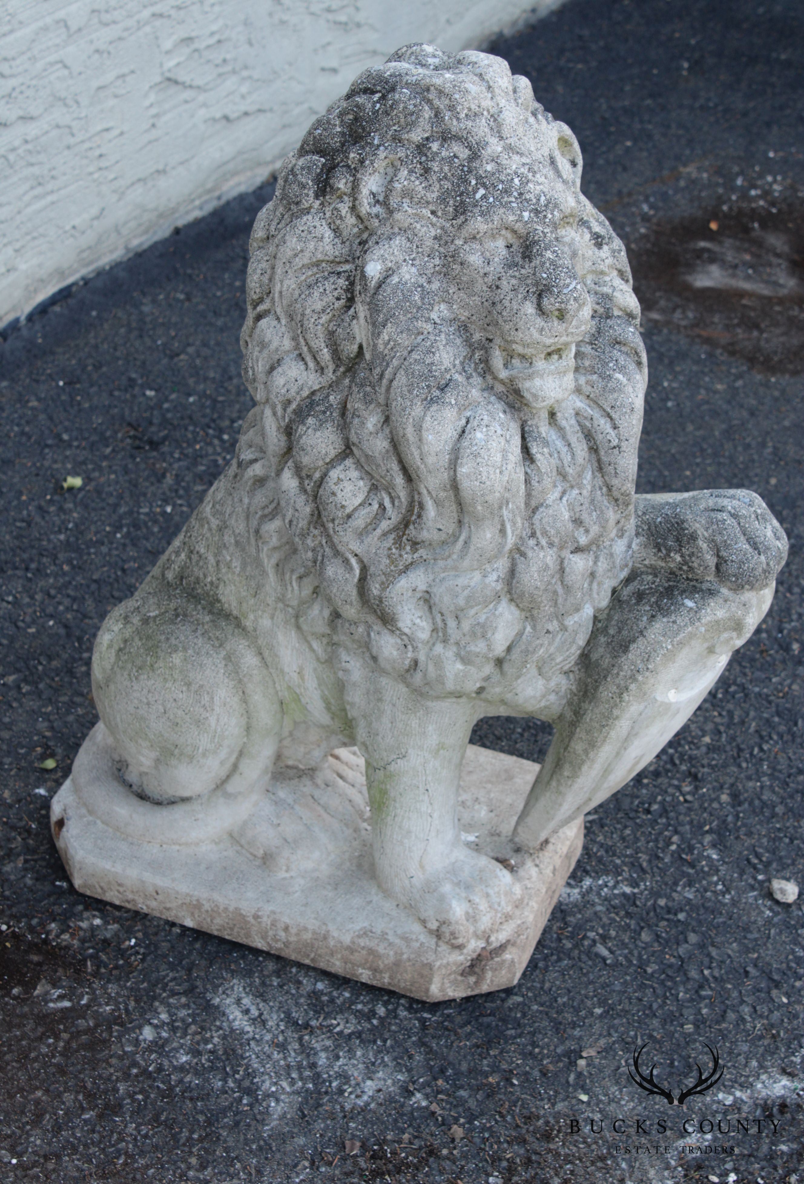 Vintage Pair Cast Stone Garden Lion Statues