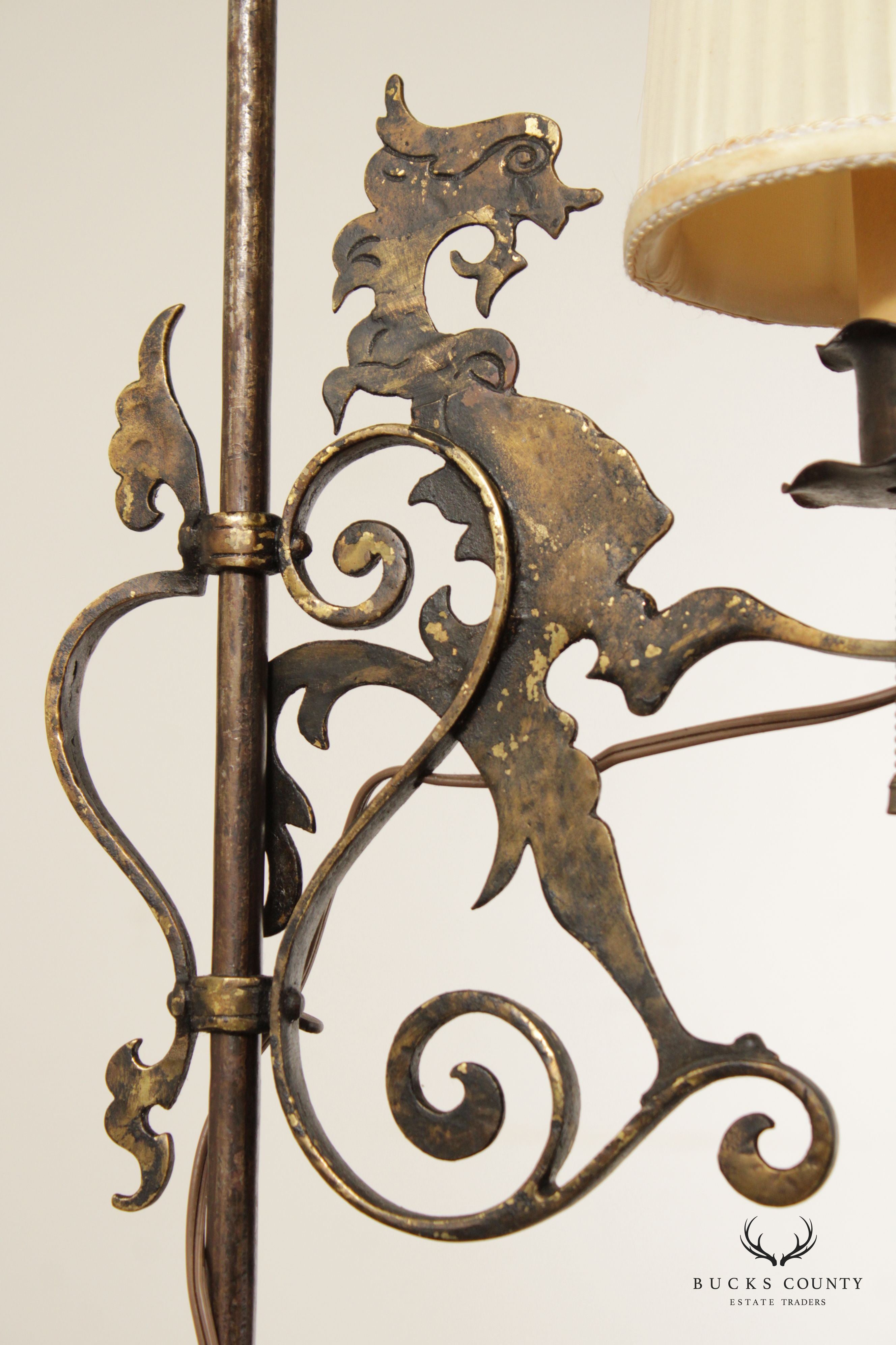 Antique Gothic Forged Iron and Gilt Floor Lamp