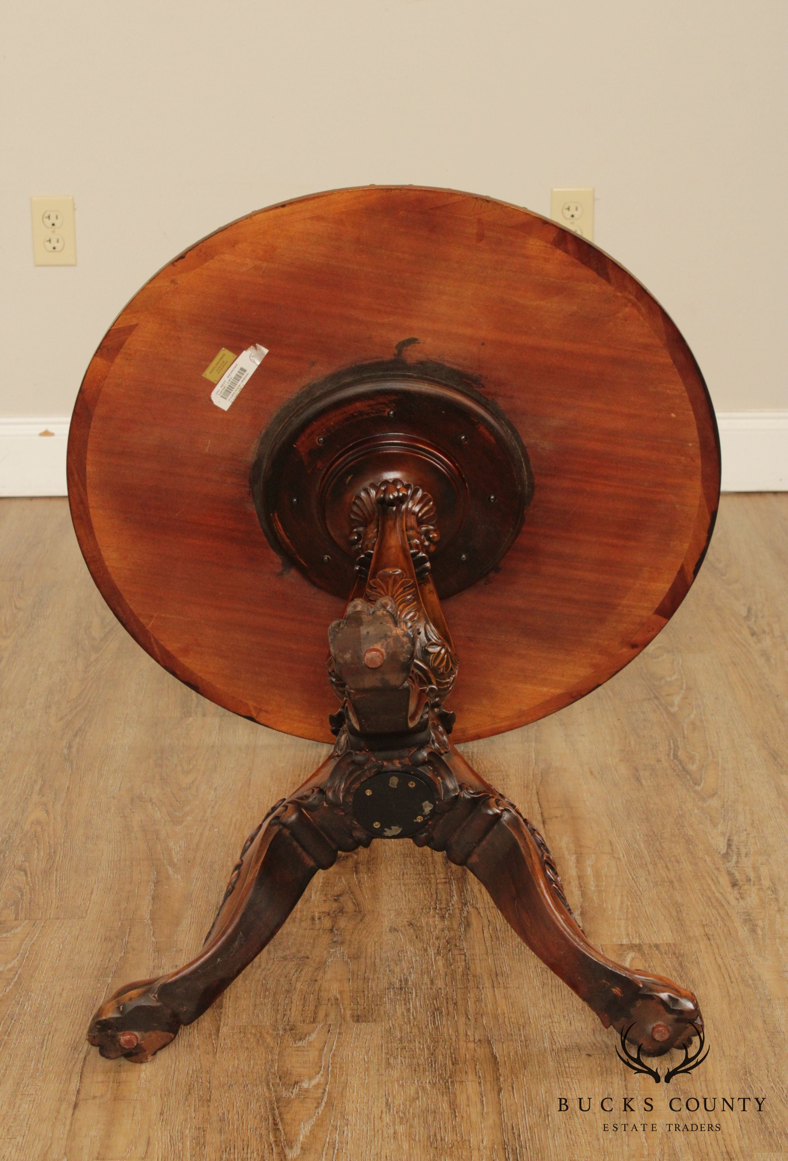 Maitland Smith Georgian Style Carved Mahogany, Round Inlaid Top Side Table