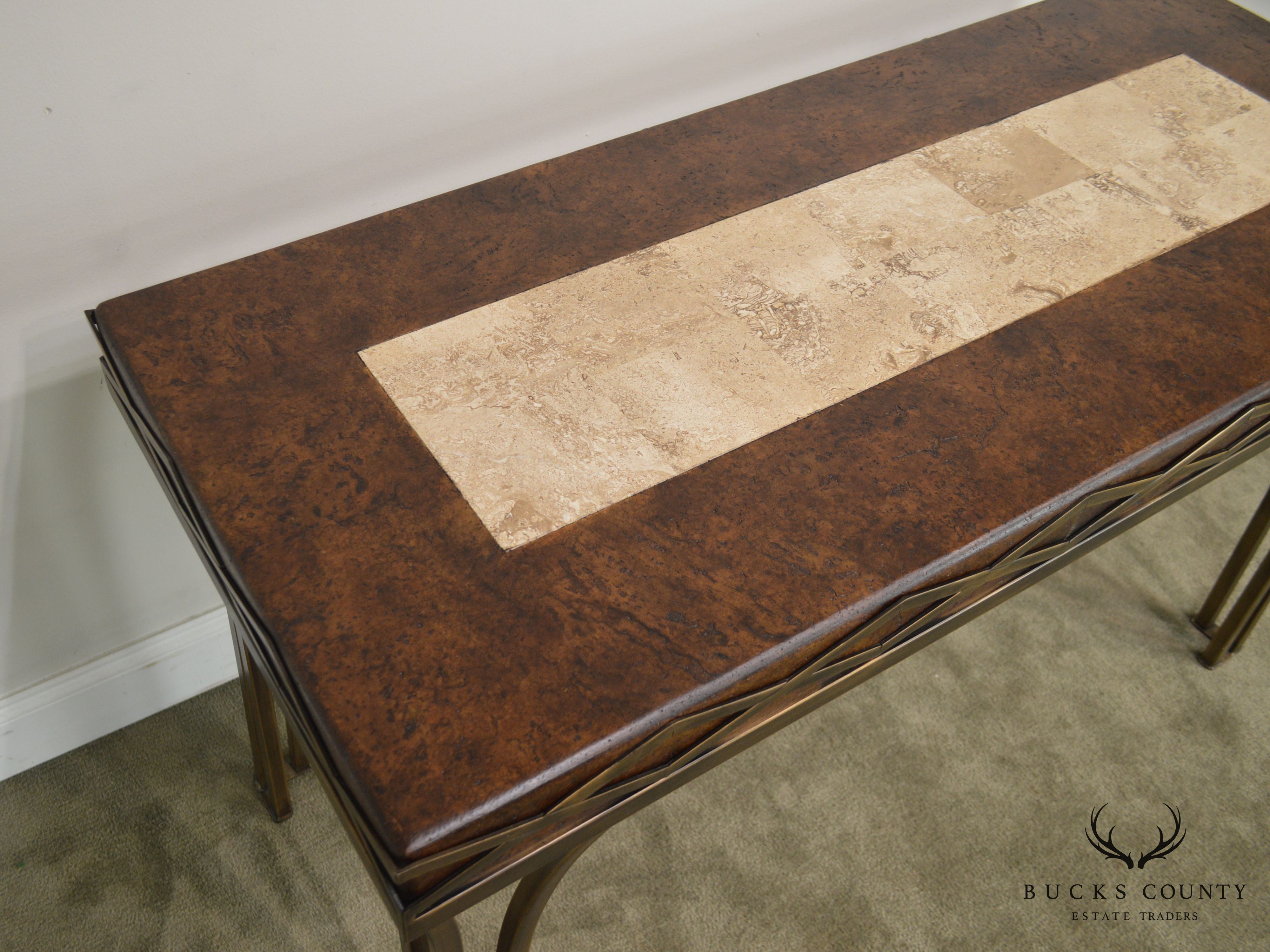 Iron Console Table with Cork and Tessellated Travertine Top