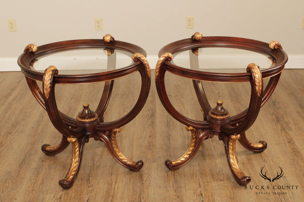Colombo Mobili Pair Partial Gilt Round Glass Top Side Tables