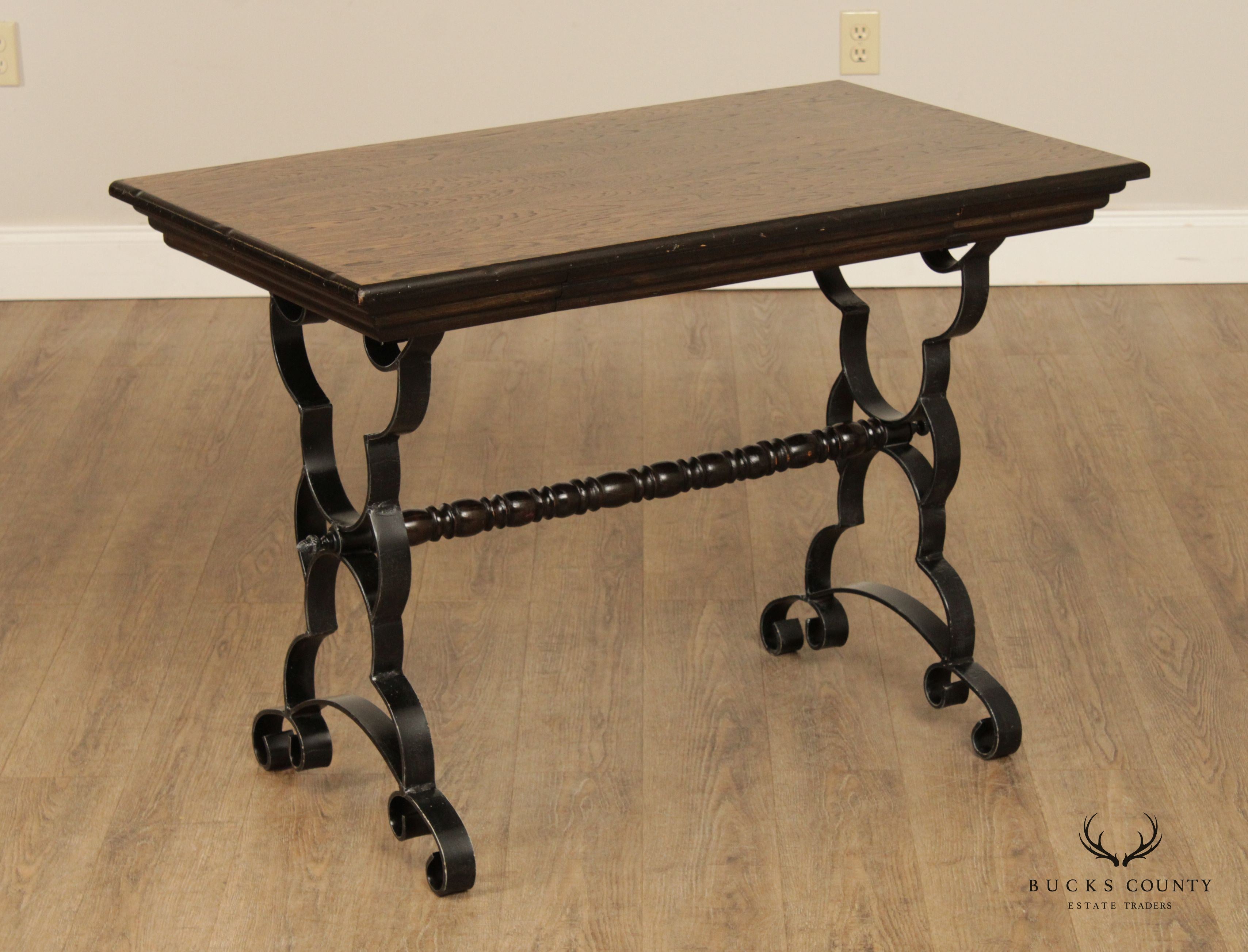 Spanish Revival Vintage Wrought Iron & Oak Trestle Table