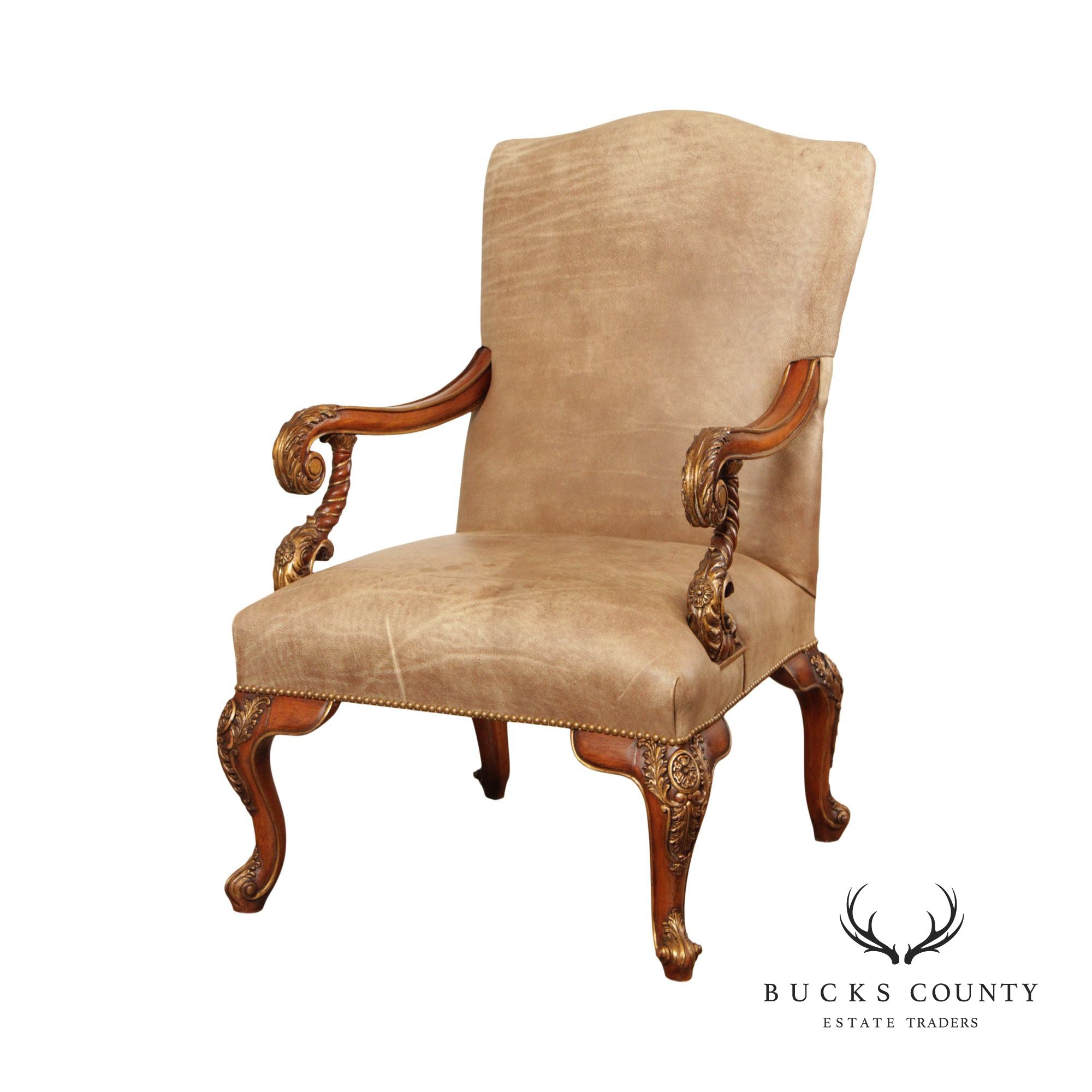 Italian Rococo Style Leather and Partial Gilt Armchair