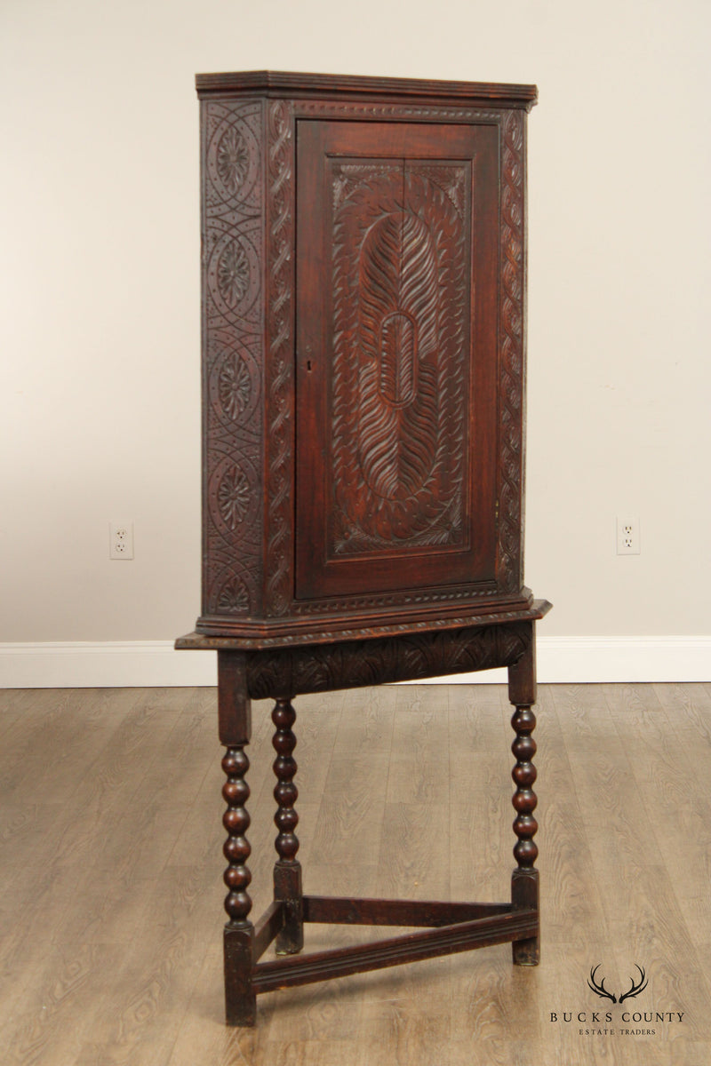 Antique English Carved Oak Corner Cabinet on Stand