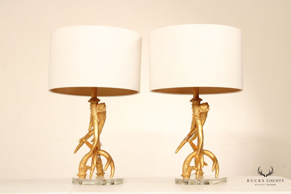 Contemporary Rustic Pair Gilt Antler Table Lamps