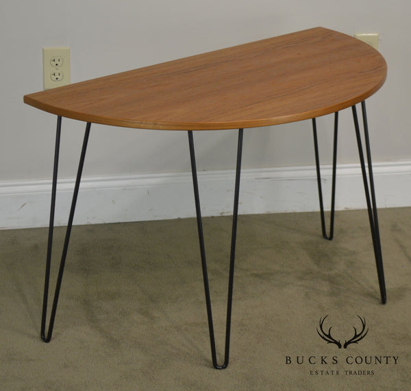 Danish Modern Style Demilune Teak Console Table with Iron Hair Pin Legs