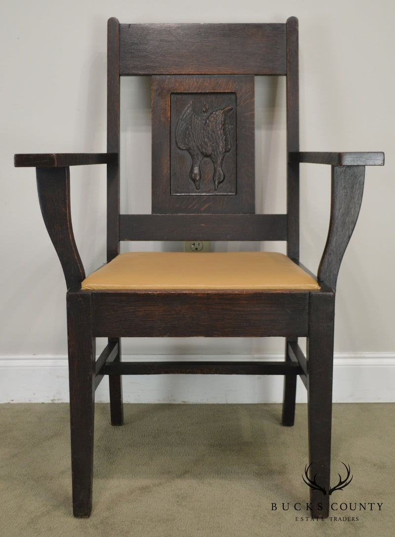 Antique Arts & Crafts Oak Armchair with Carved Birds