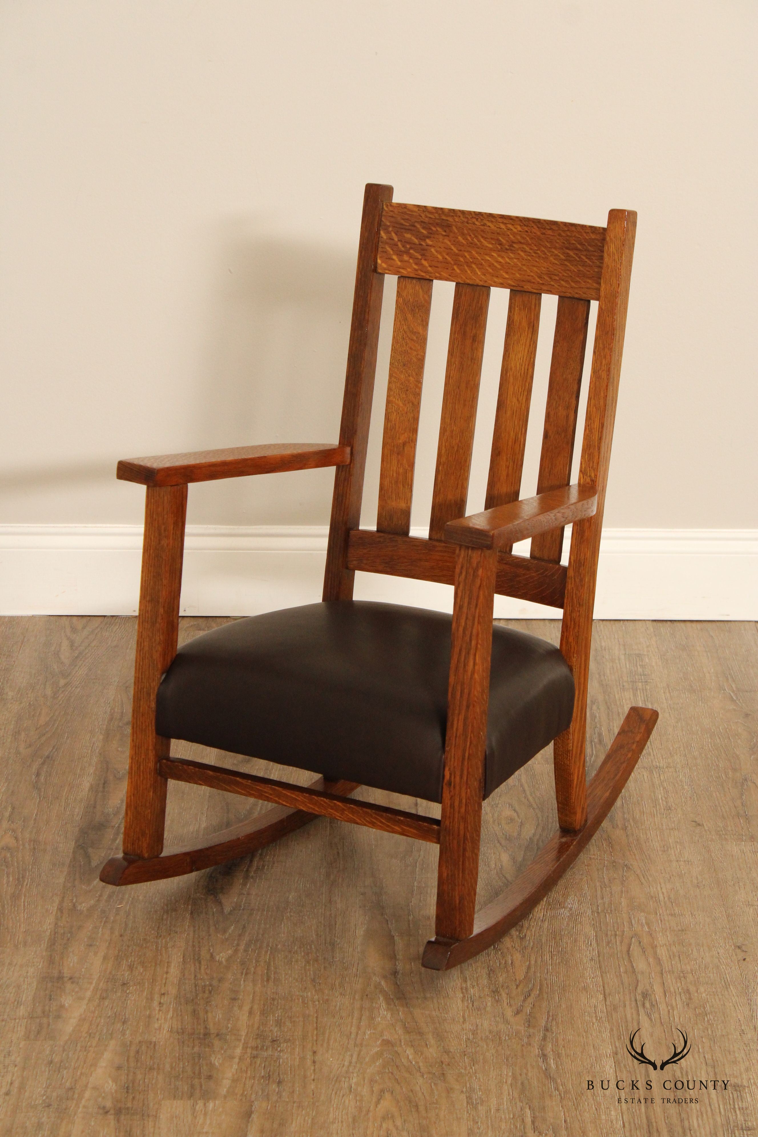 Antique Mission Oak And Leather Childs Rocker