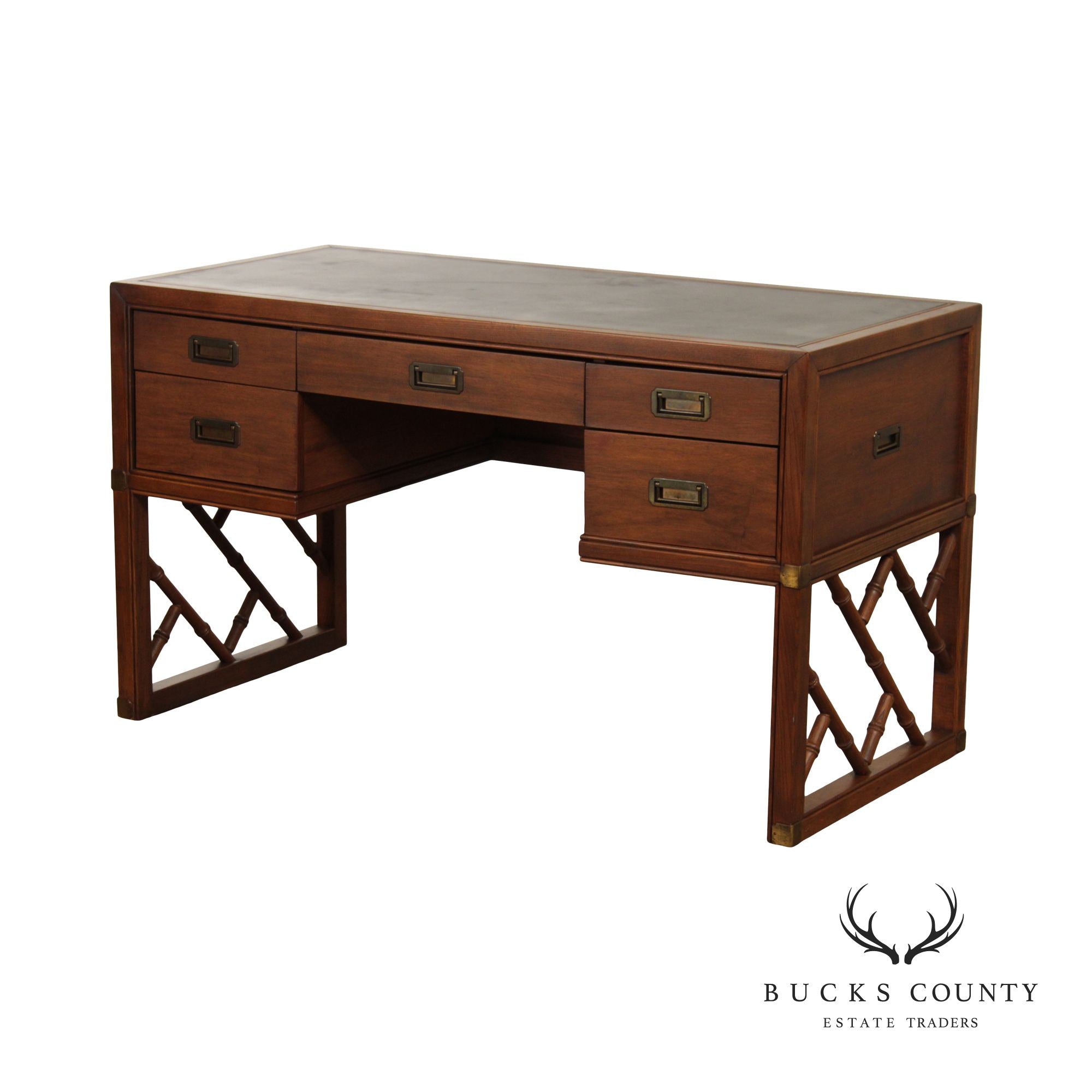 Sligh Campaigh Style Faux Bamboo Walnut Leather Top Writing Desk