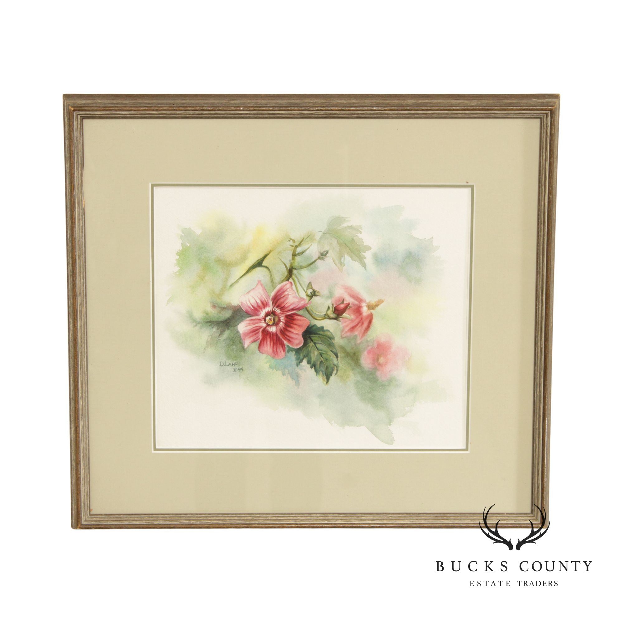 Denise Lahr 'Rosa Californica' Floral Watercolor Painting, Custom Framed