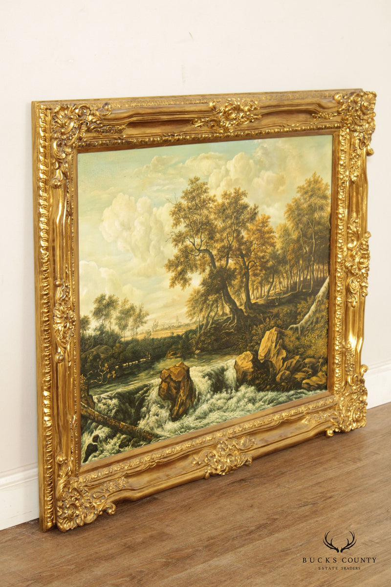Vintage 'Landscape with Waterfall' Large Painting After Jacob van Ruisdael