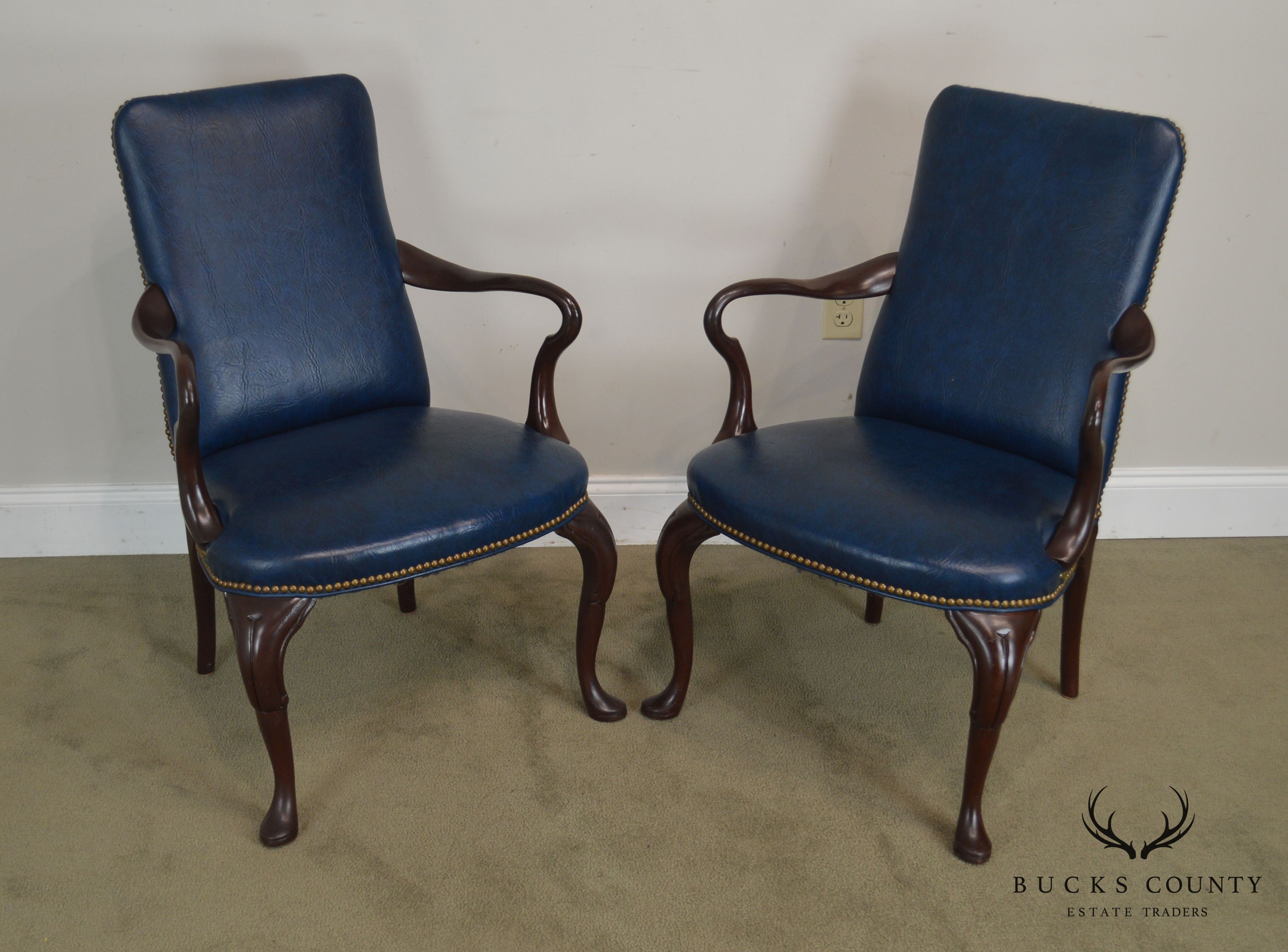 Queen Anne Style Vintage Custom Quality Mahogany Pair Shepherd's Crook Armchairs (C)