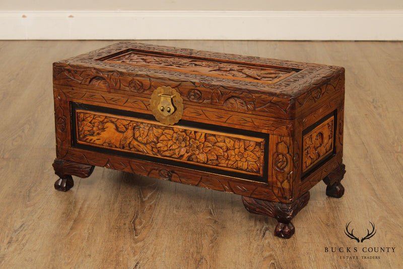 Vintage Asian Carved Wood Marriage Chest