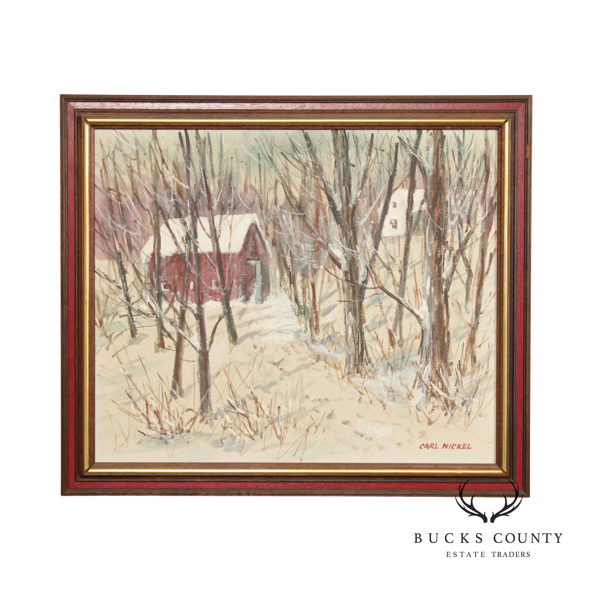 Carl Nickel Red Barn in Winter Landscape Oil Painting, Custom Framed