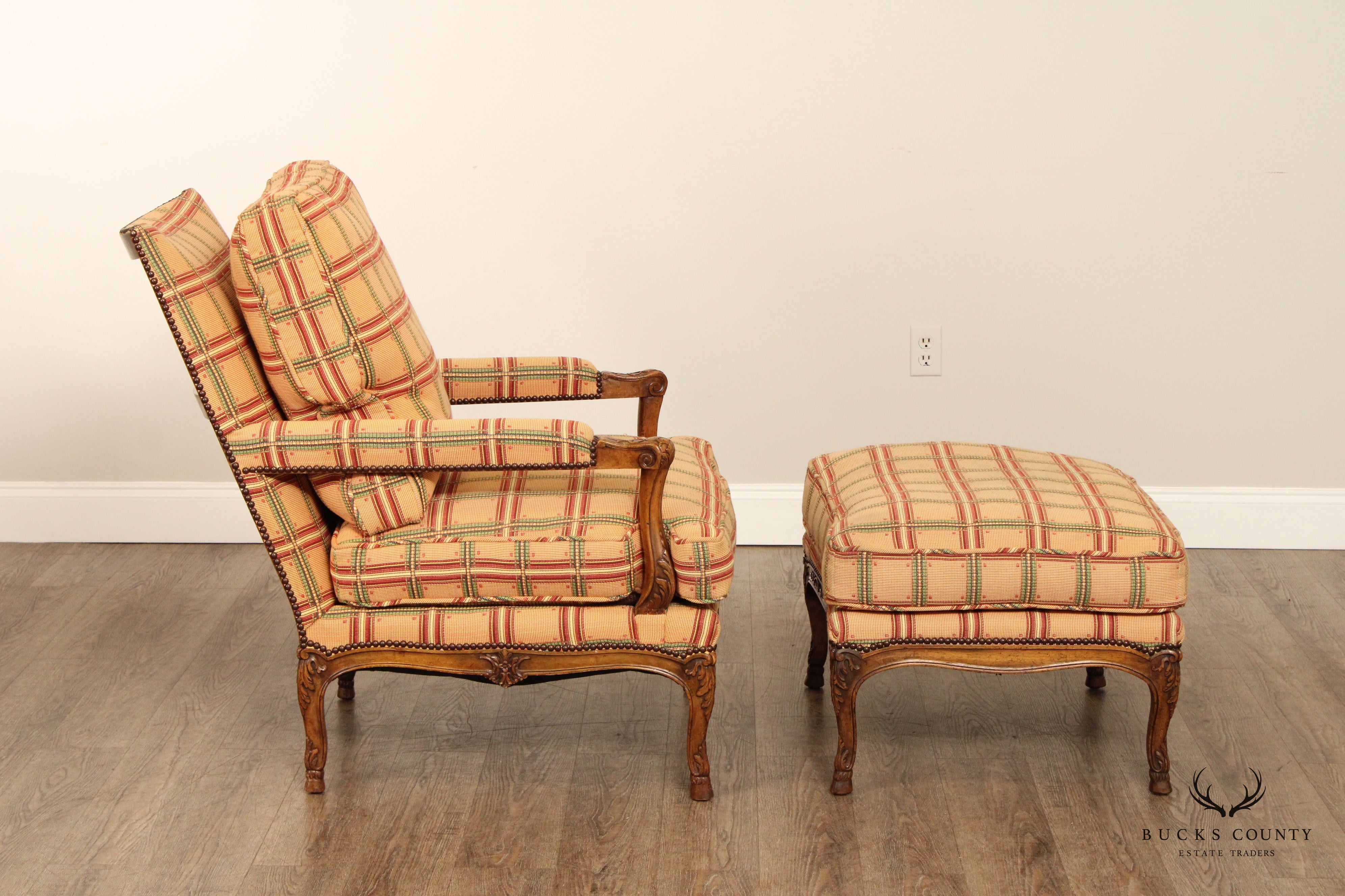 Don Ruseau French Louis XV Pair of Carved Walnut Bergeres and Matching Ottoman