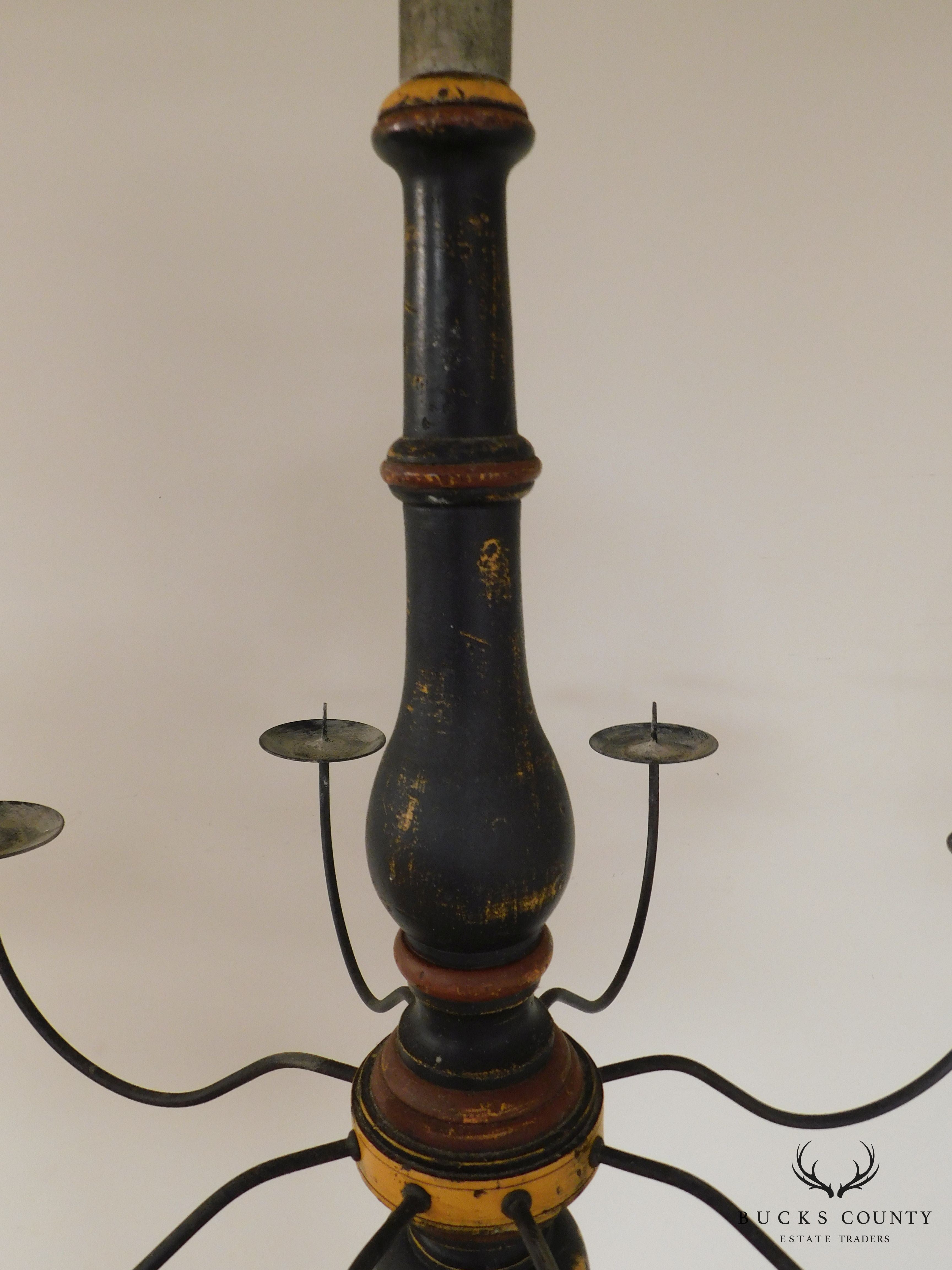 Custom Quality Folk Art 8 Light Turned Wood & Iron Chandelier