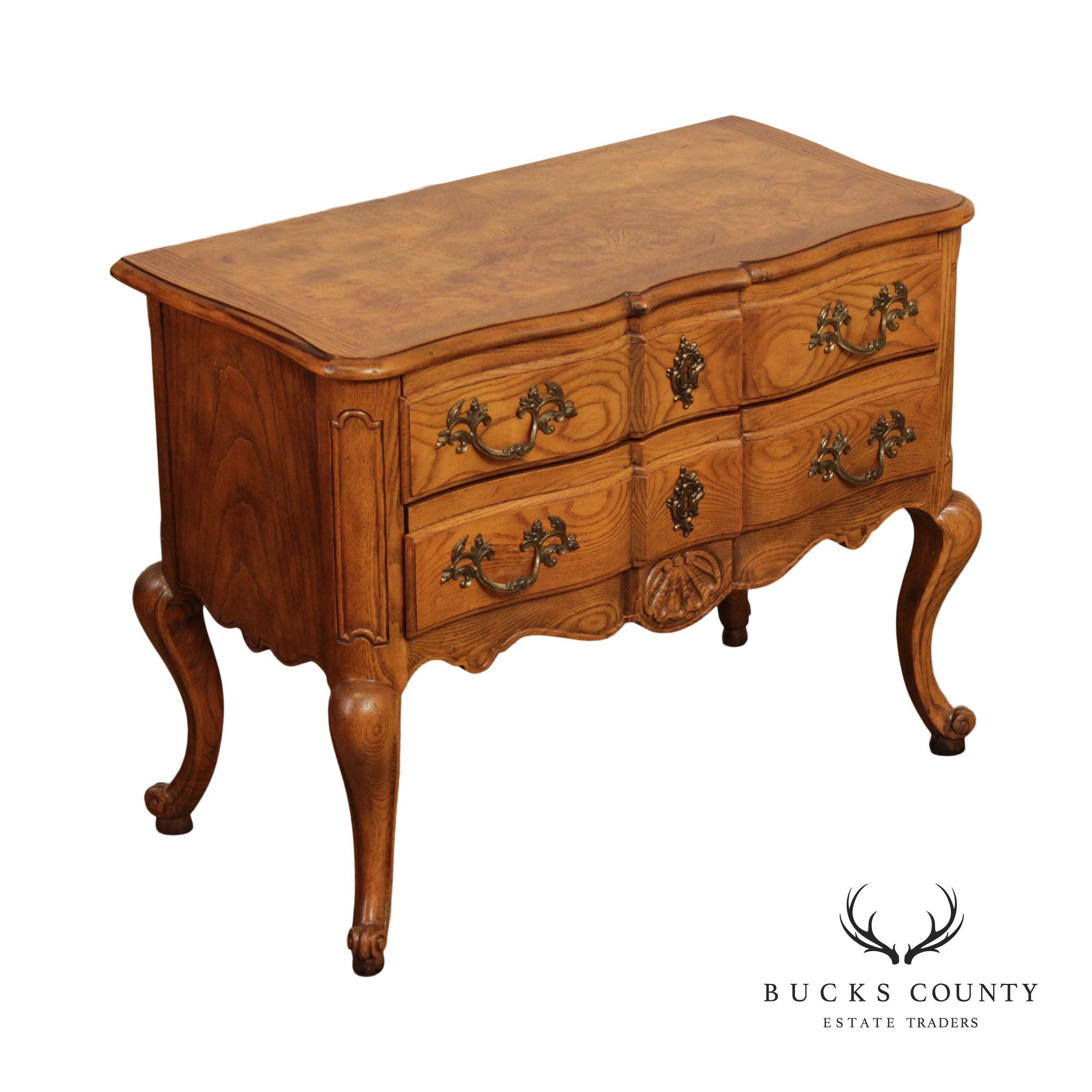 Baker French Rococo Style Burl Wood Two Drawer Nightstand Chest