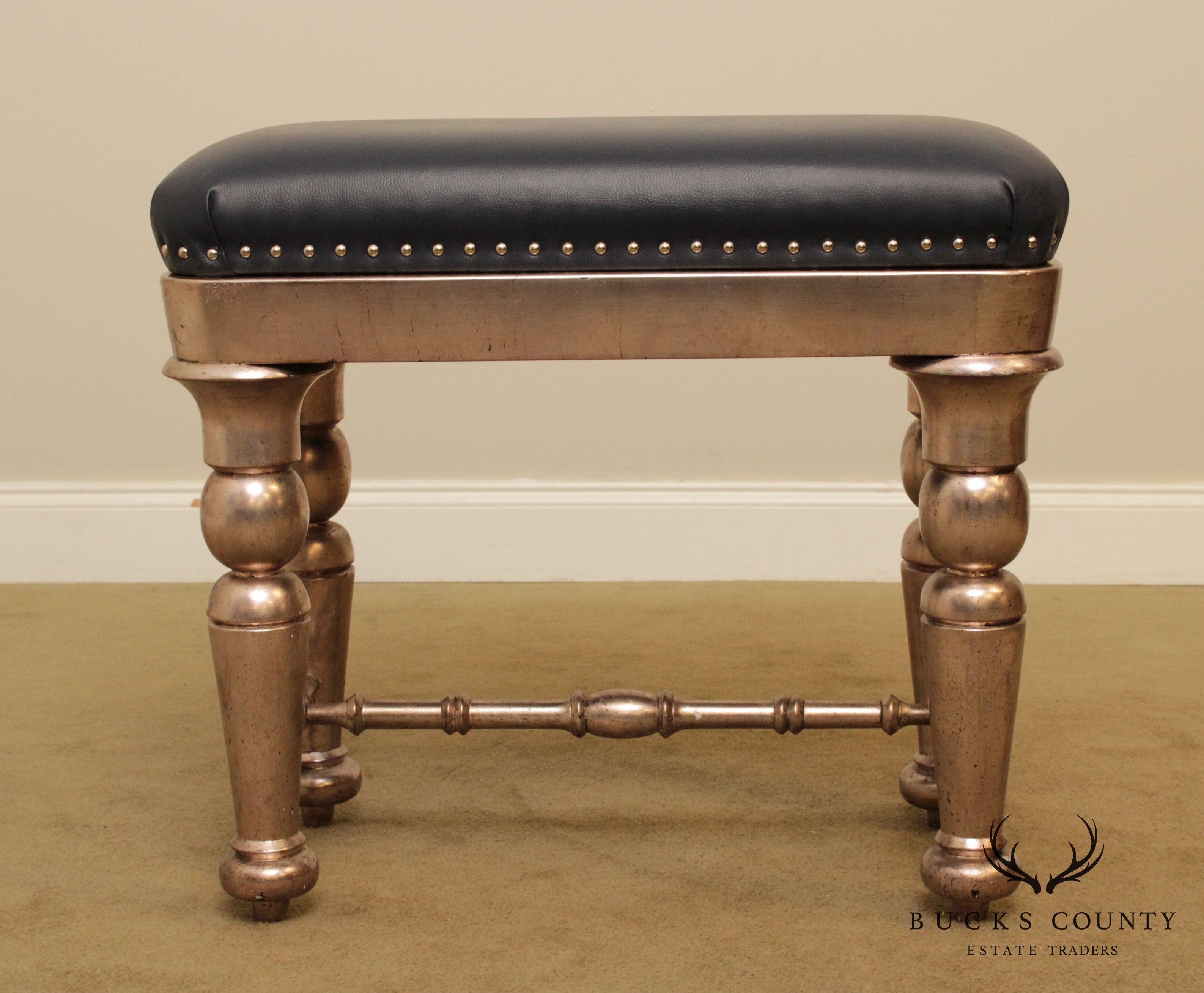 Custom Silver Finished Leather Tufted Bench