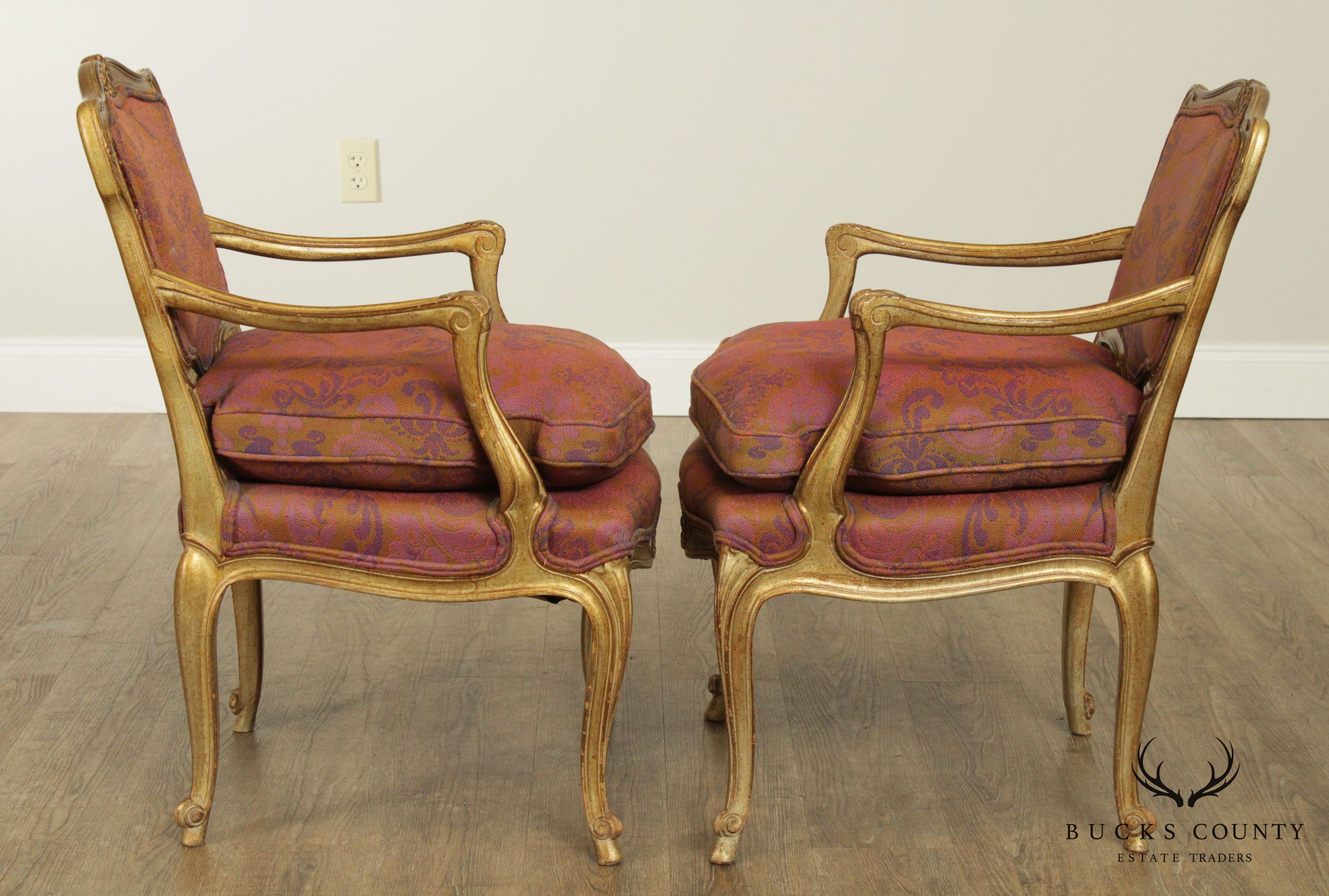 Hollywood Regency French Louis XV Style Vintage Gilt Wood Frame Pair Fauteuil Armchairs