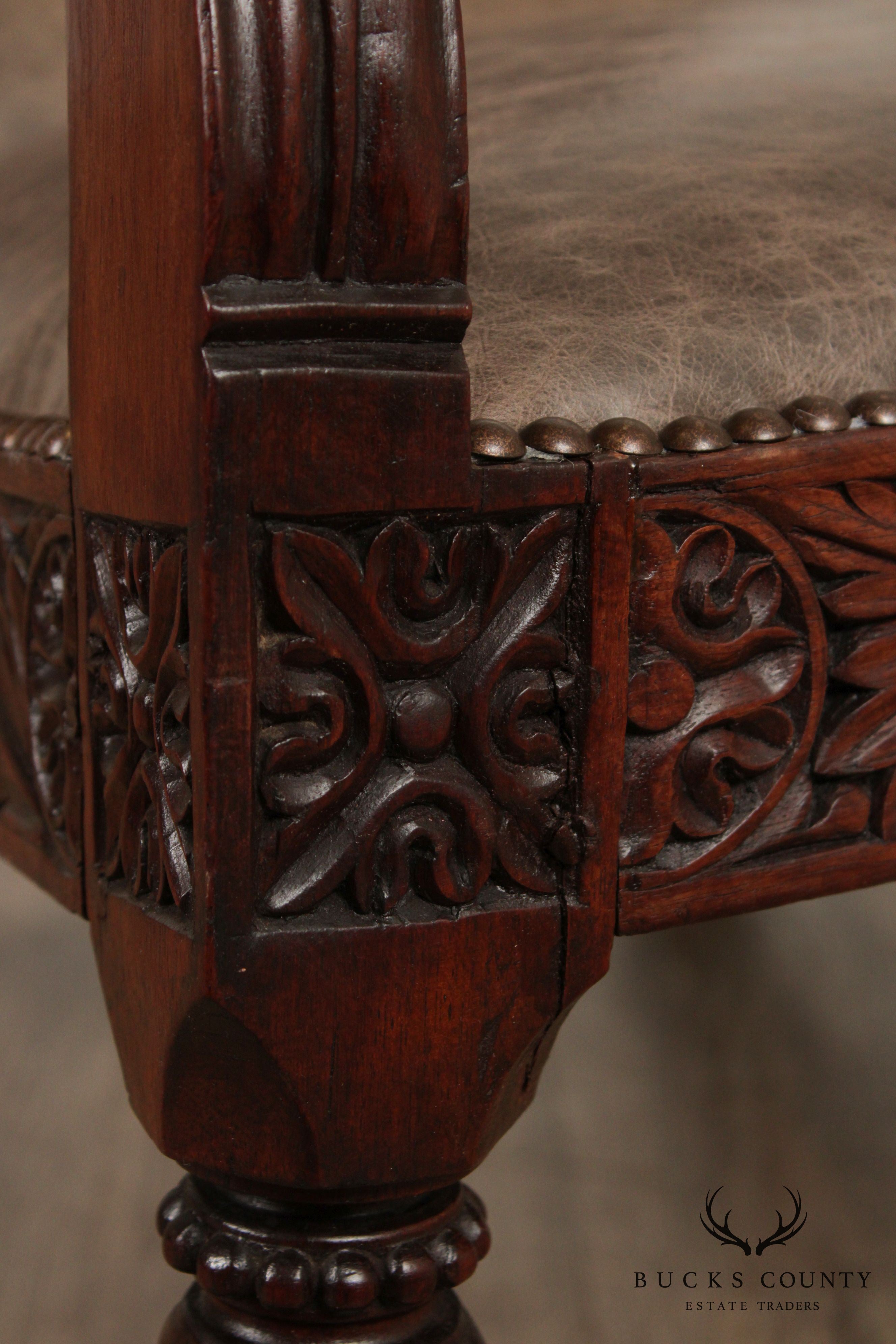 Antique 19th Century Anglo-Indian Carved Rosewood & Leather Armchair