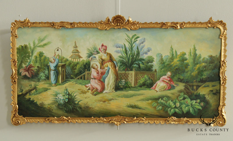 Asian Garden Landscape Original Oil Painting in Custom Gilt Frame