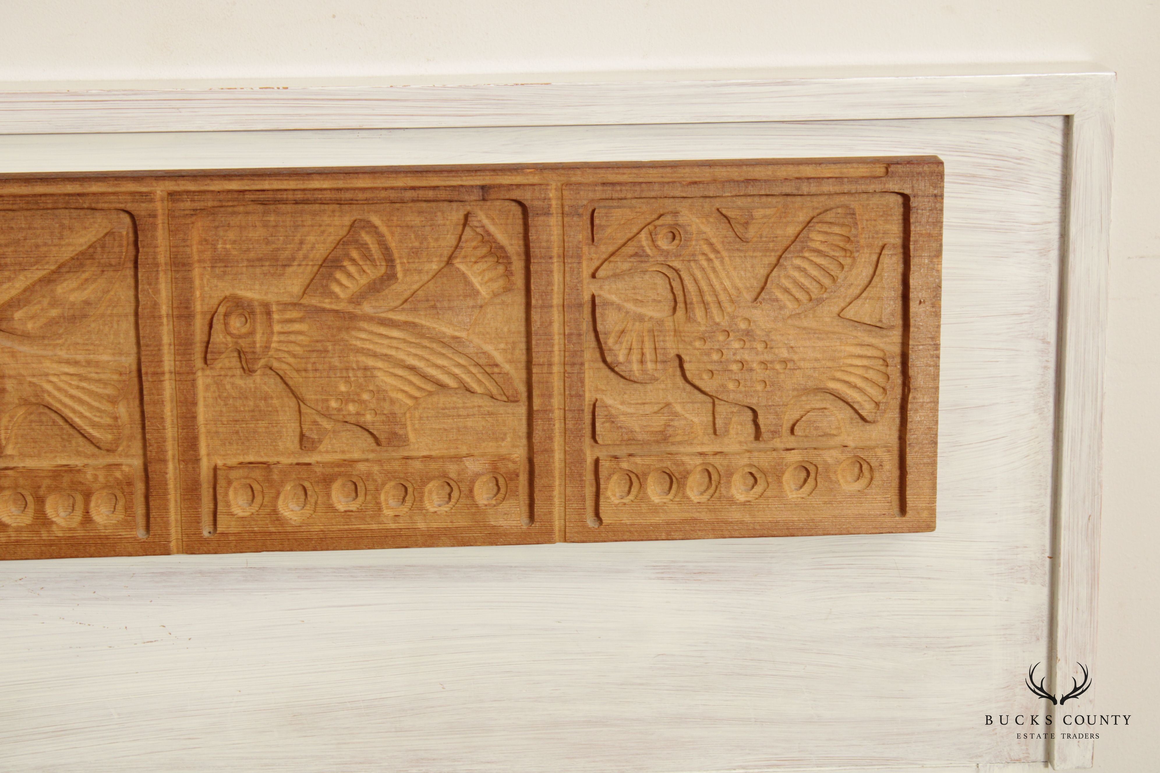 Vintage Mexican Folk Art Style Carved Pair Twin Headboards