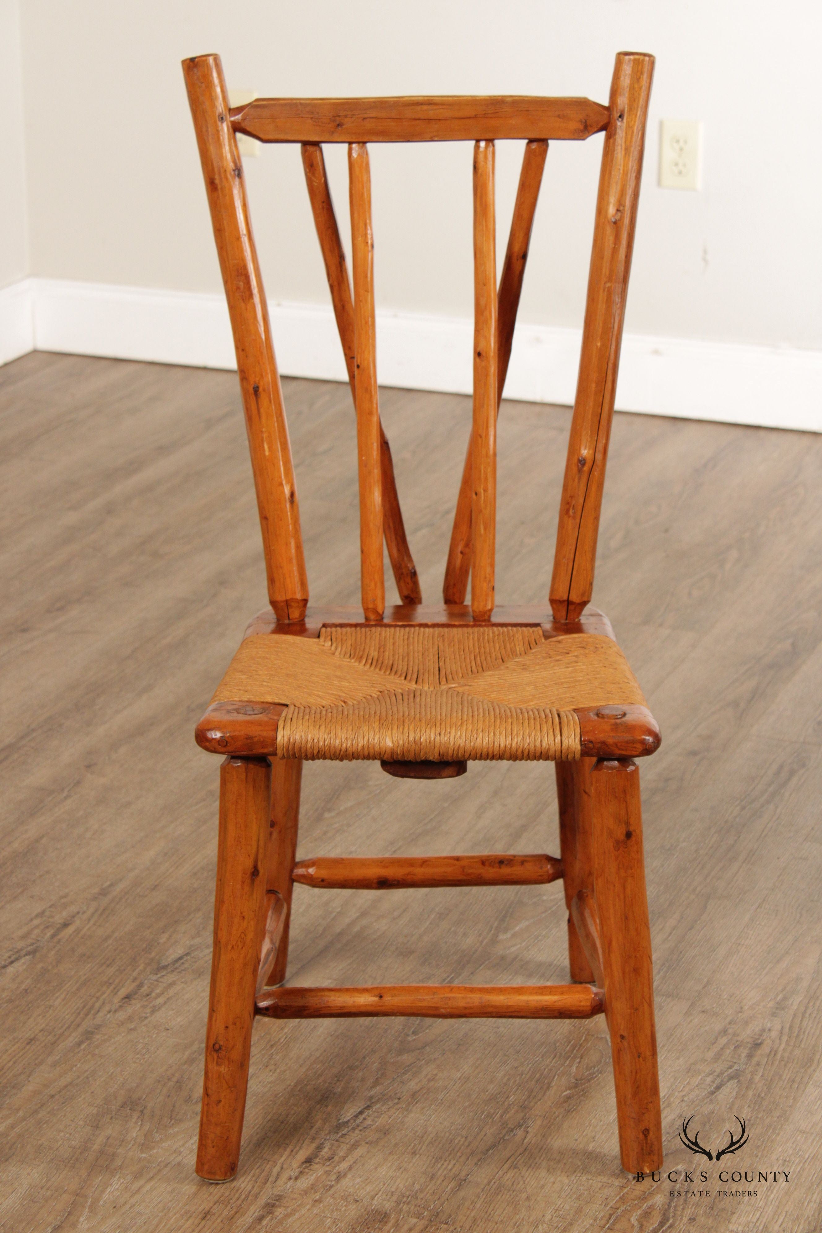 Vintage Rustic Pine Wood and Rush Seat Side Chairs