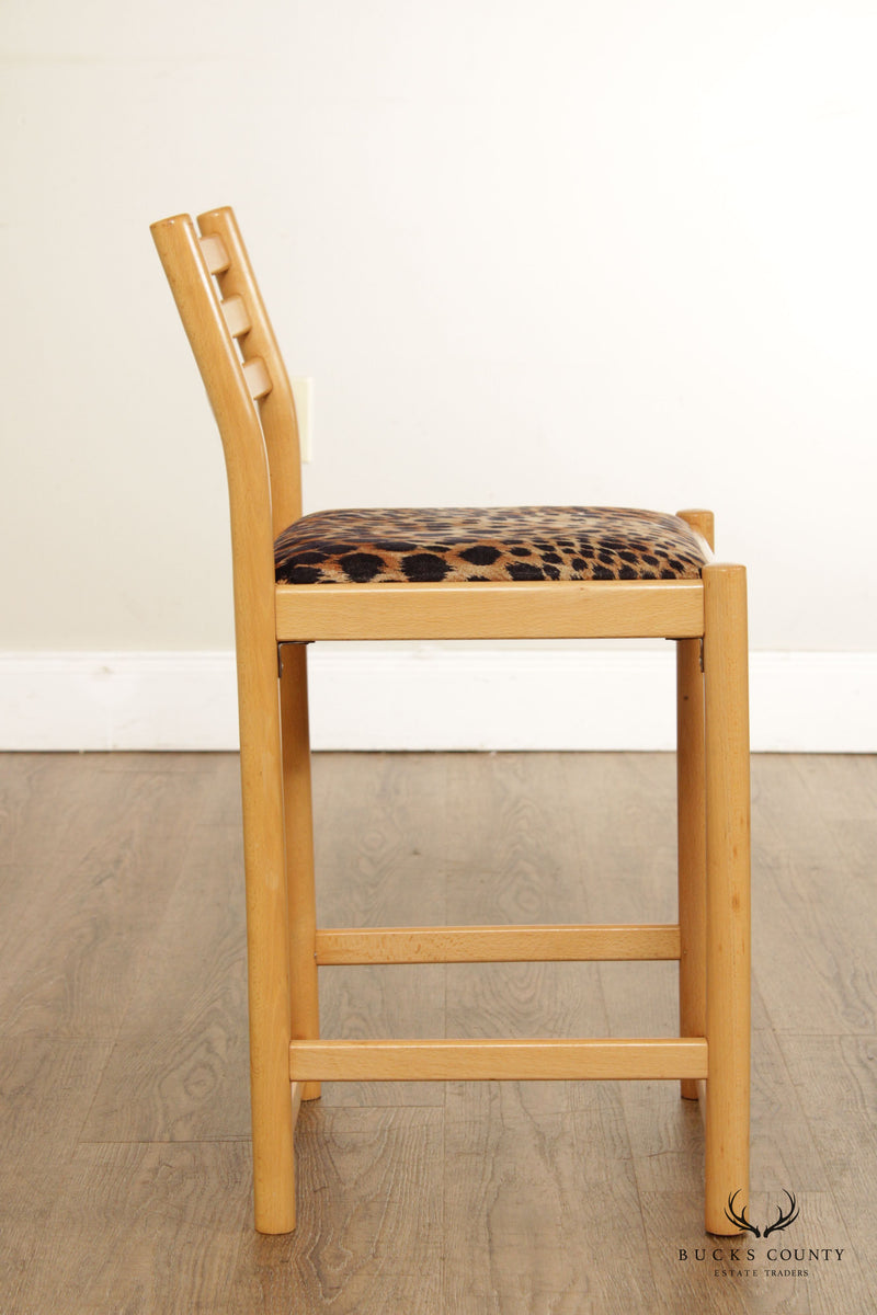 Italian Modern Pair Cheetah Print Upholstered Low Counter Height Bar Stools