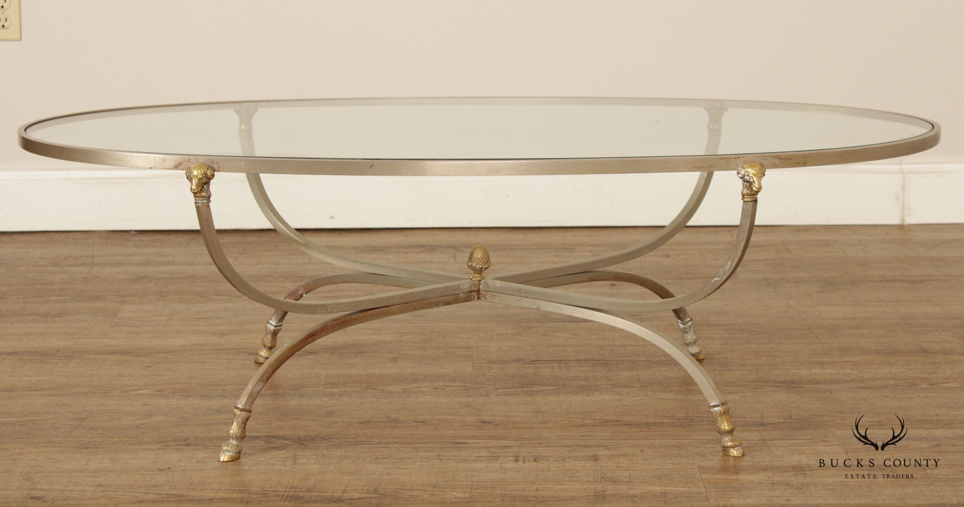 Directoire Neoclassical Style Vintage Brushed Steel, Brass, and Glass Top Coffee Table