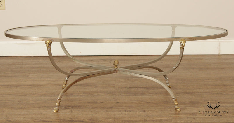 Directoire Neoclassical Style Vintage Brushed Steel, Brass, and Glass Top Coffee Table