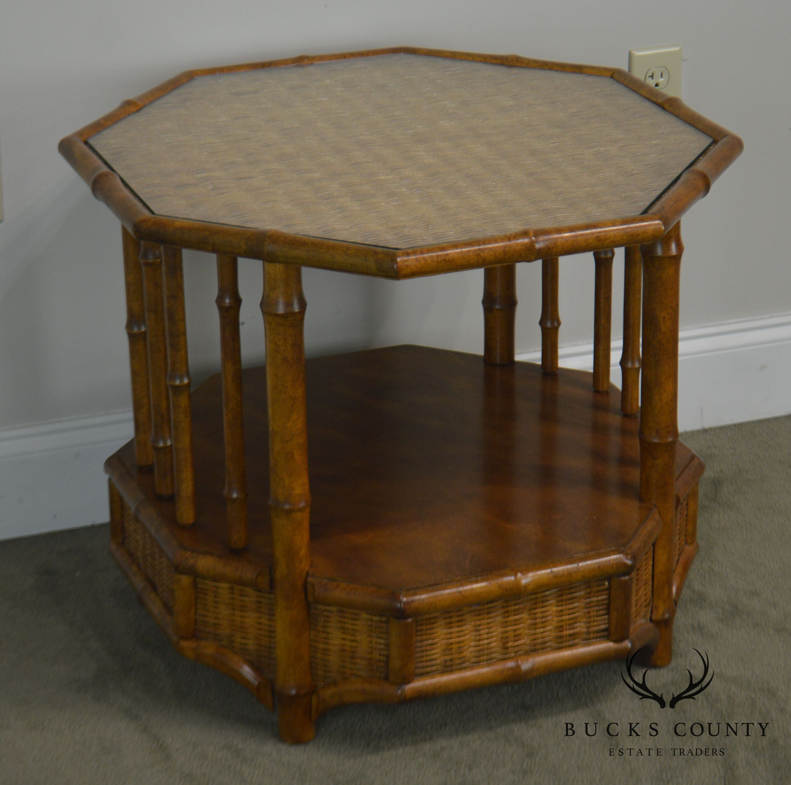 Faux Bamboo Octagon Wicker Top Side Table