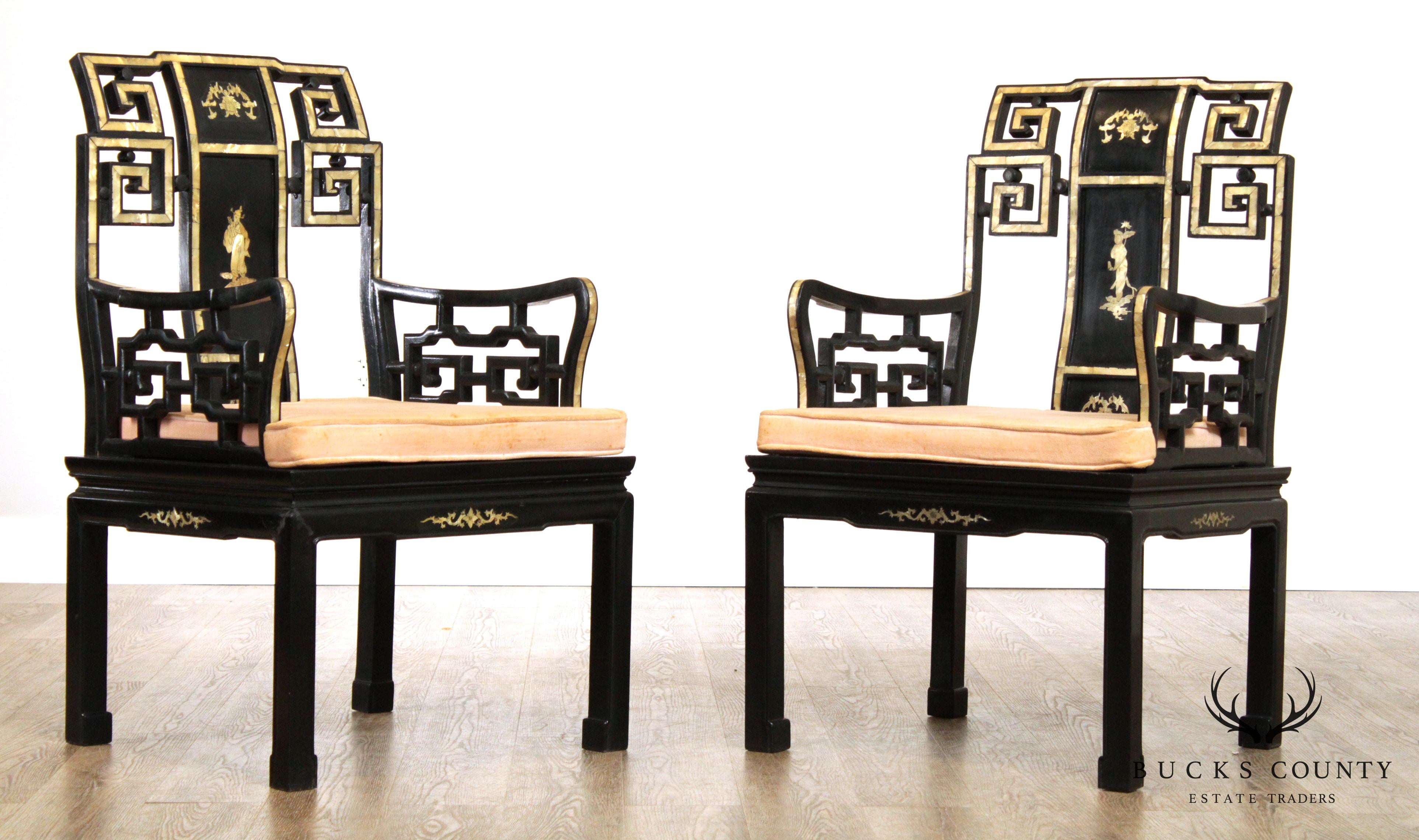 Vintage Italian Black Lacquer & Mother of Pearl Inlaid Pair Armchairs