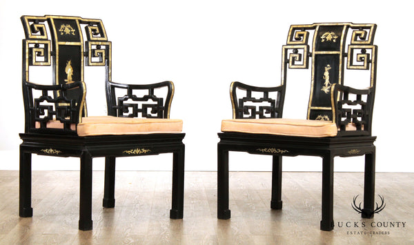 Vintage Italian Black Lacquer & Mother of Pearl Inlaid Pair Armchairs