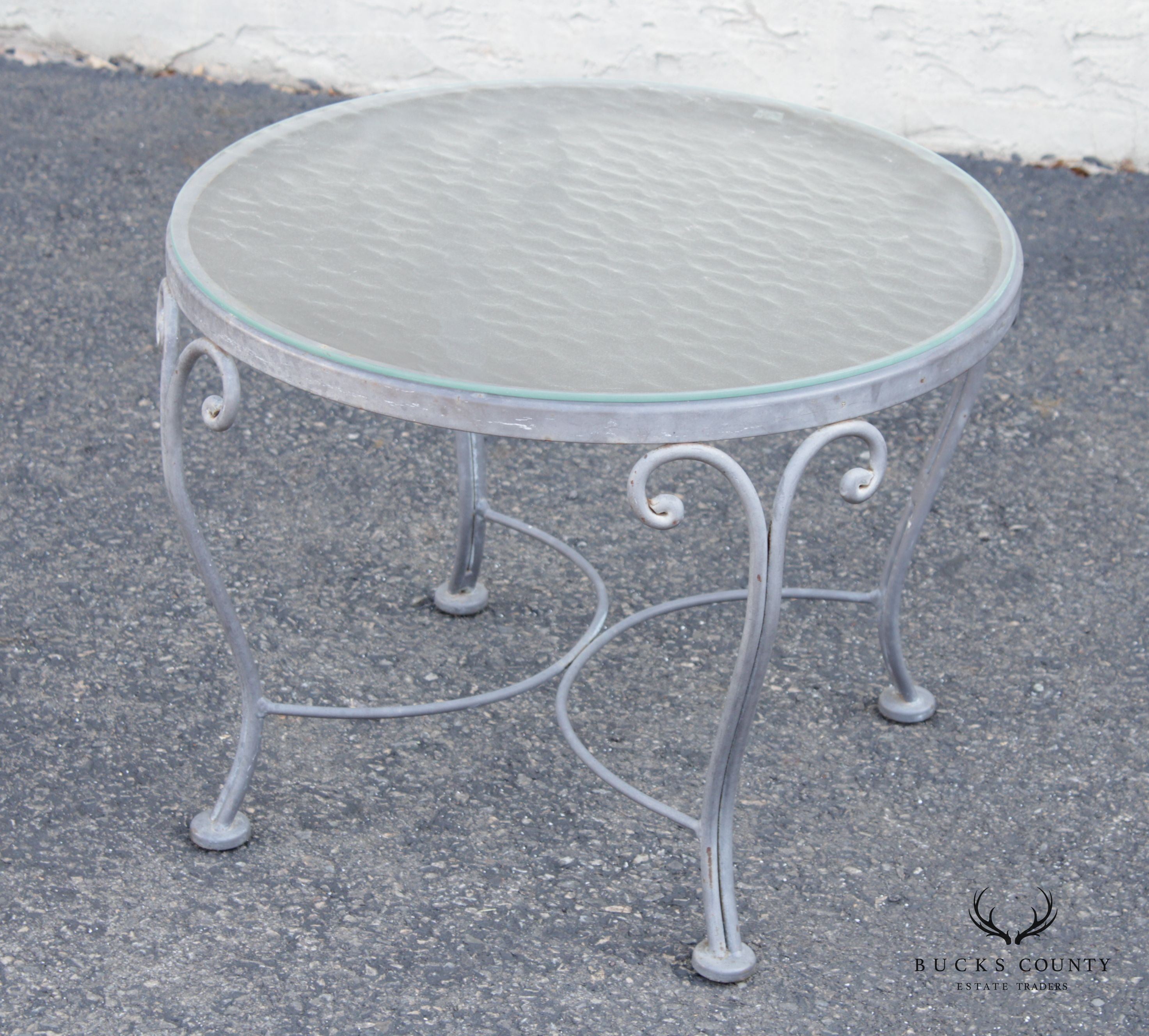 French Style Vintage Scrolled Wrought Iron Round Glass Top Outdoor Cocktail Table