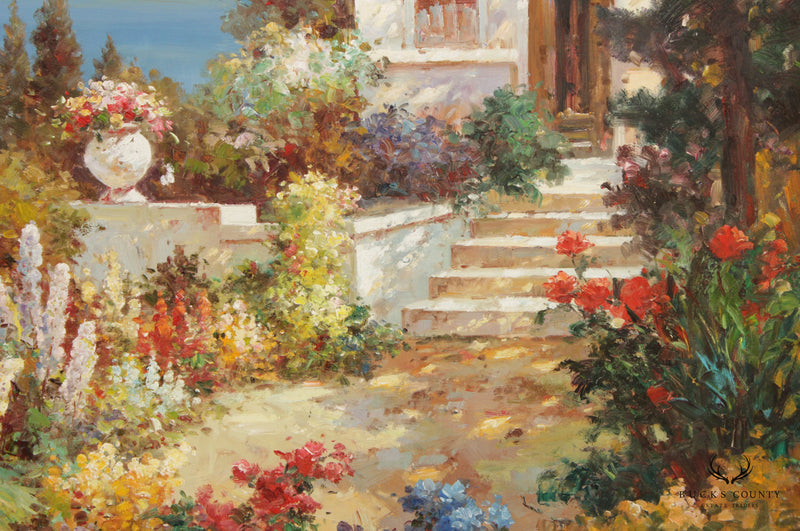 Impressionist Style Mediterranean Villa Garden Landscape Original Oil Painting, Signed