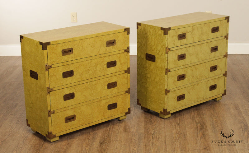 Henredon Campaign Style Faux Painted Pair of Four Drawer Chests