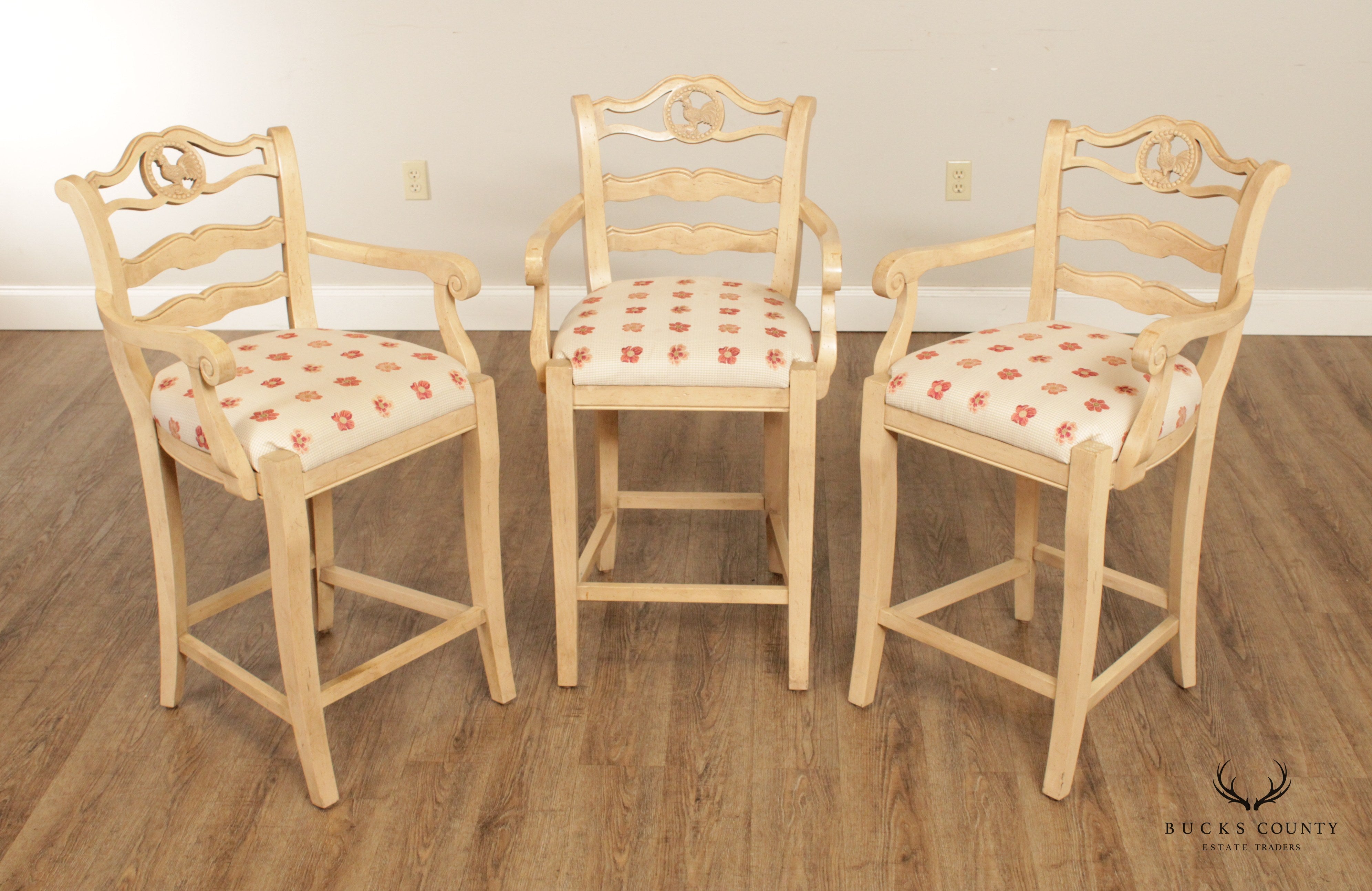 Country French Style Set 3 Rooster Carved Barstools