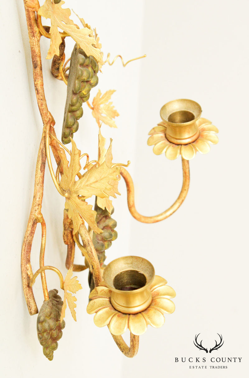 Petites Choses Pair Gilt Brass Grape Leaf Wall Scones Candle Holders